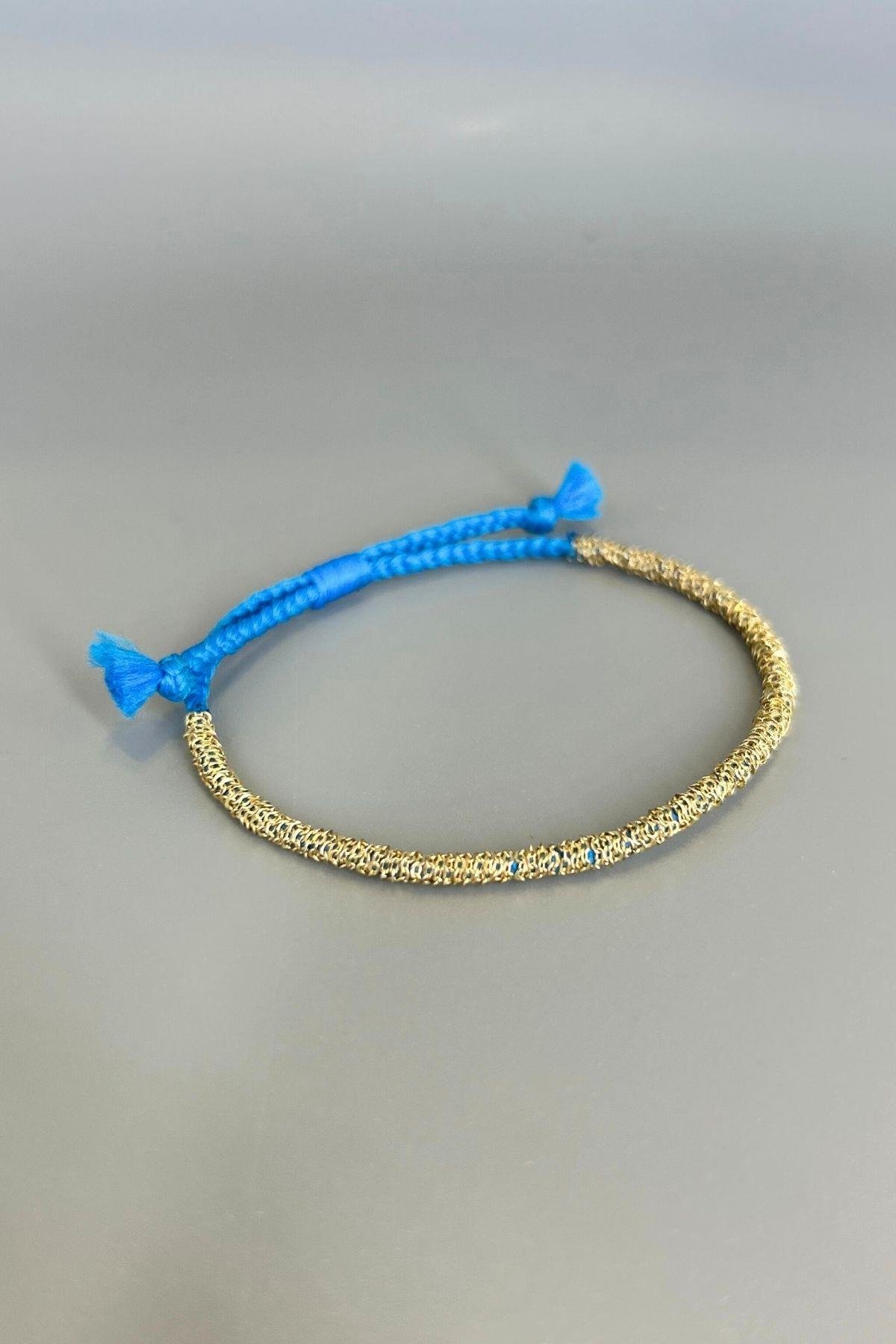 Handmade Saks Mavisi İp Dolama Zincir Bileklik