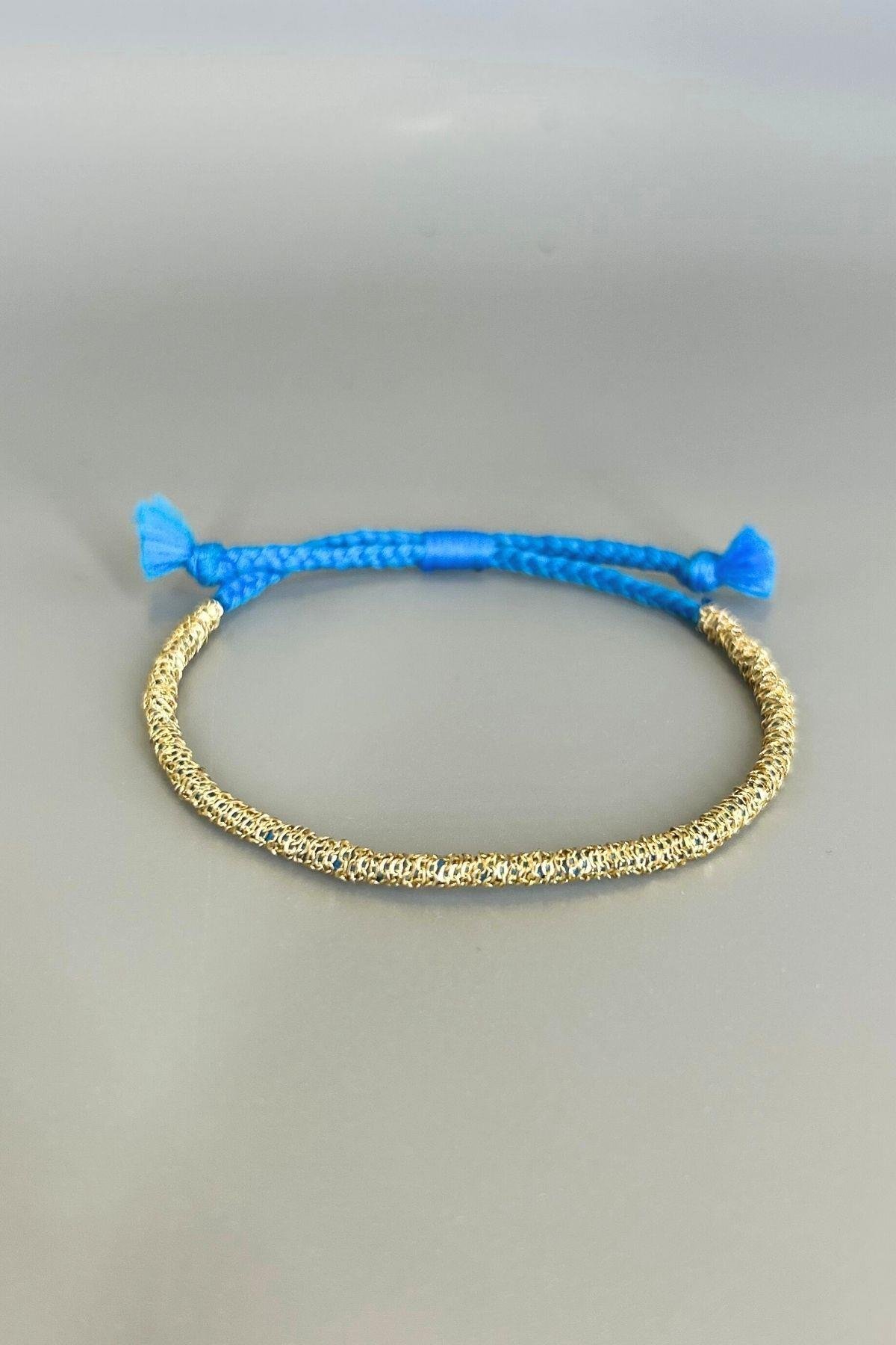 Handmade Saks Mavisi İp Dolama Zincir Bileklik