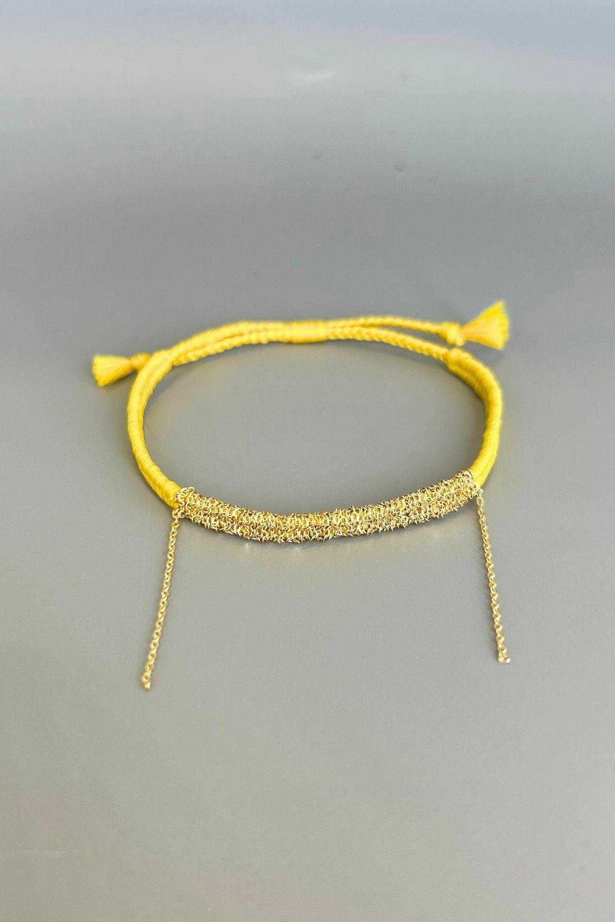 Handmade Sarı Dokuma Zincir Sallantılı Kılçık Bileklik
