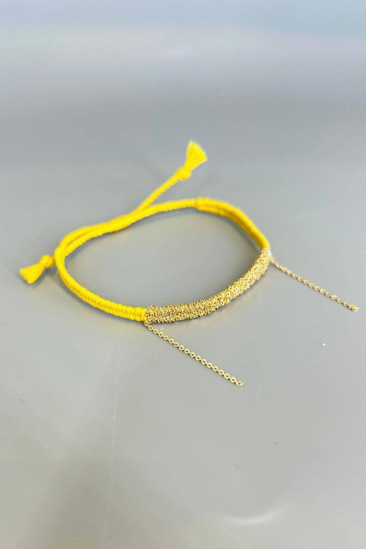 Handmade Sarı Dokuma Zincir Sallantılı Kılçık Bileklik