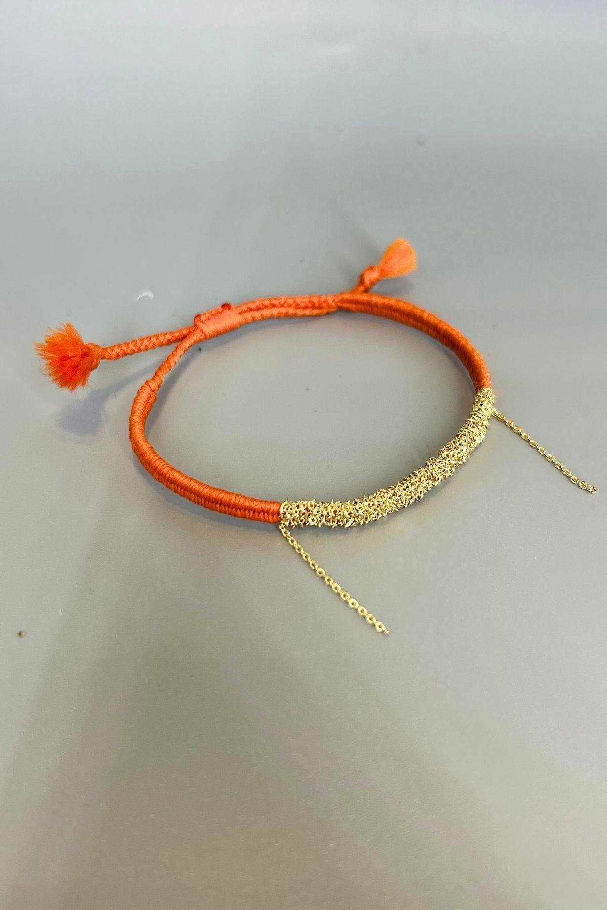 Handmade Turuncu Dokuma Zincir Sallantılı Kılçık Bileklik