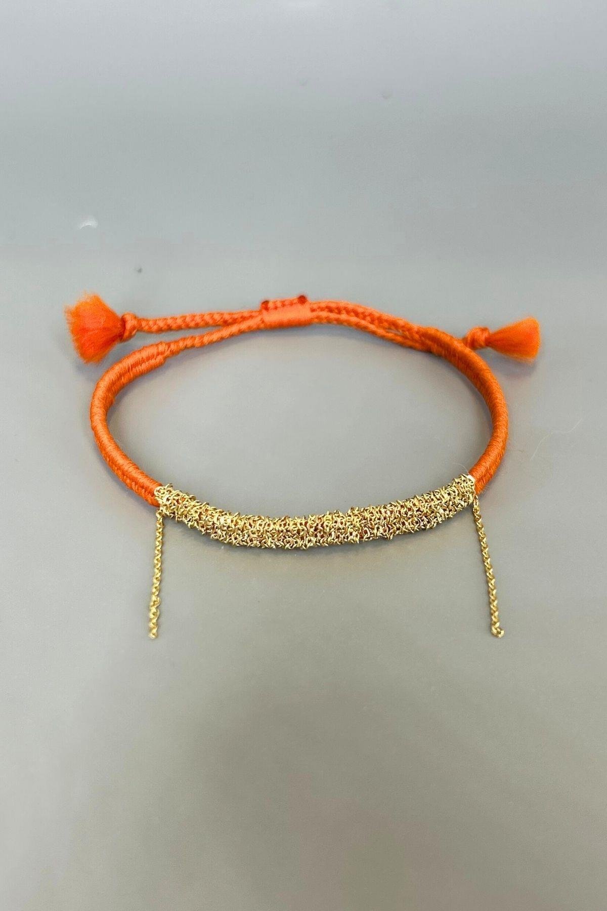 Handmade Turuncu Dokuma Zincir Sallantılı Kılçık Bileklik