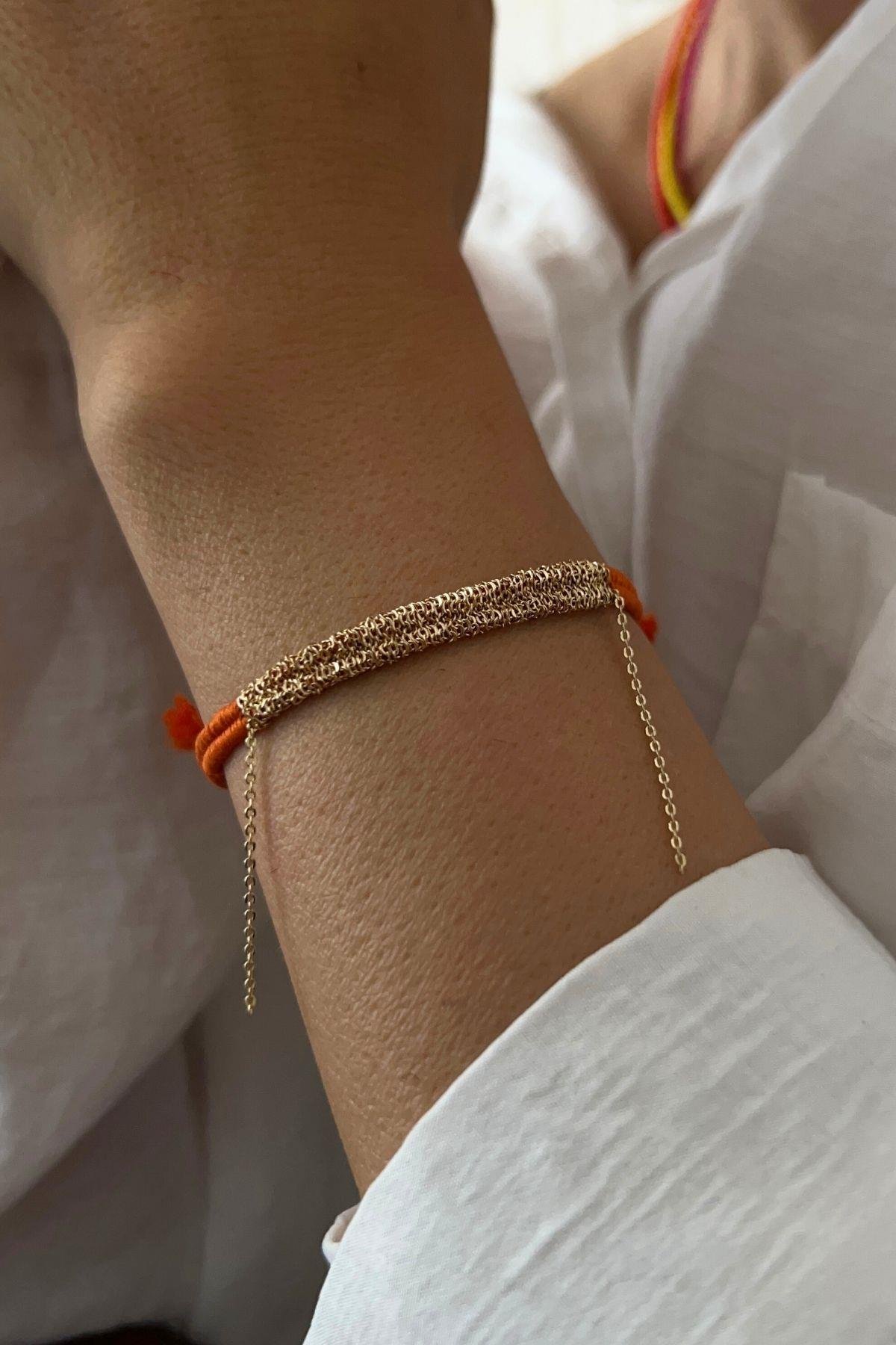 Handmade Turuncu Dokuma Zincir Sallantılı Kılçık Bileklik