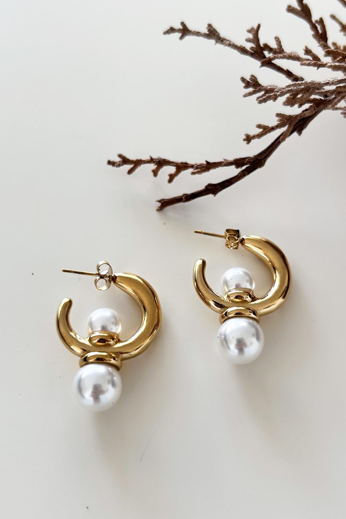 İki İnci Detaylı Halka Küpe