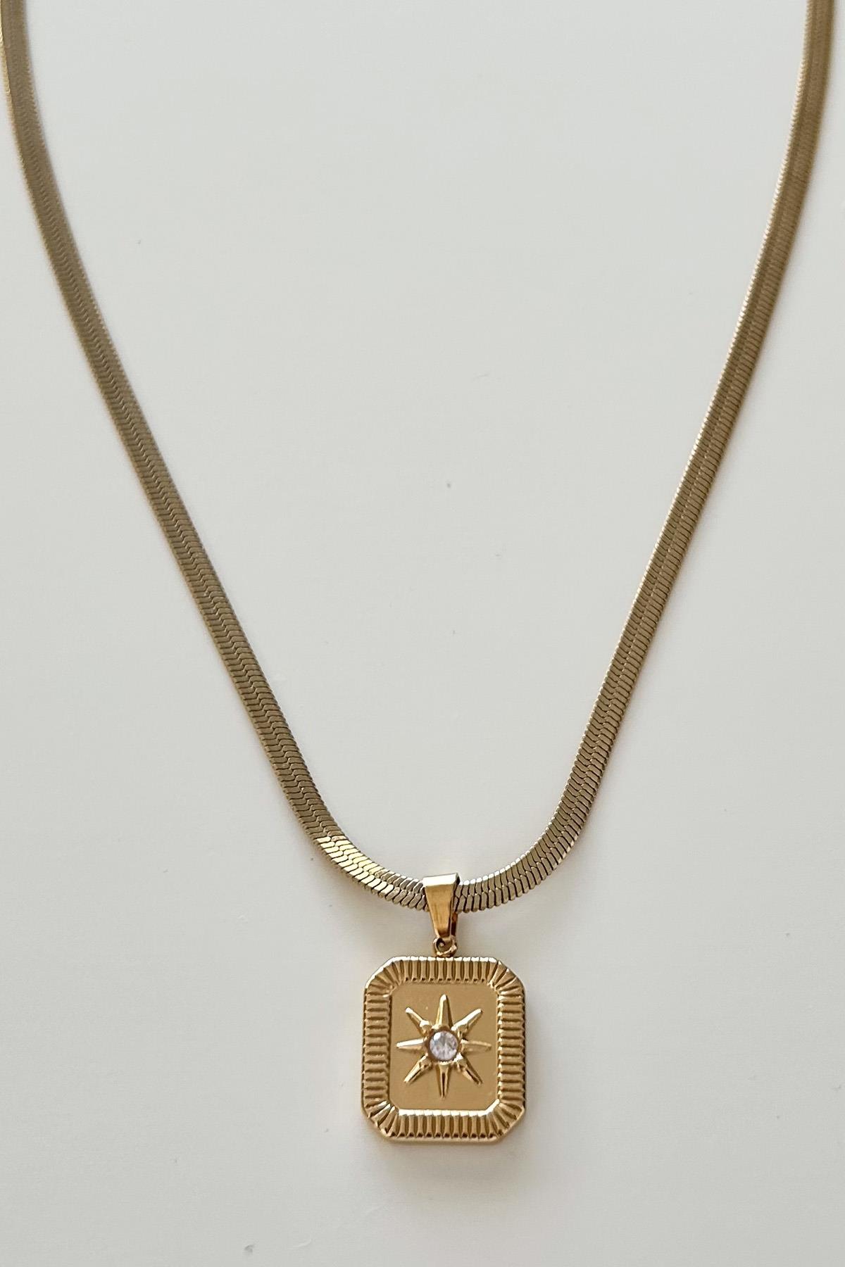 İtalyan Zincir Kare Plaka Kutup Yıldızı Kolye