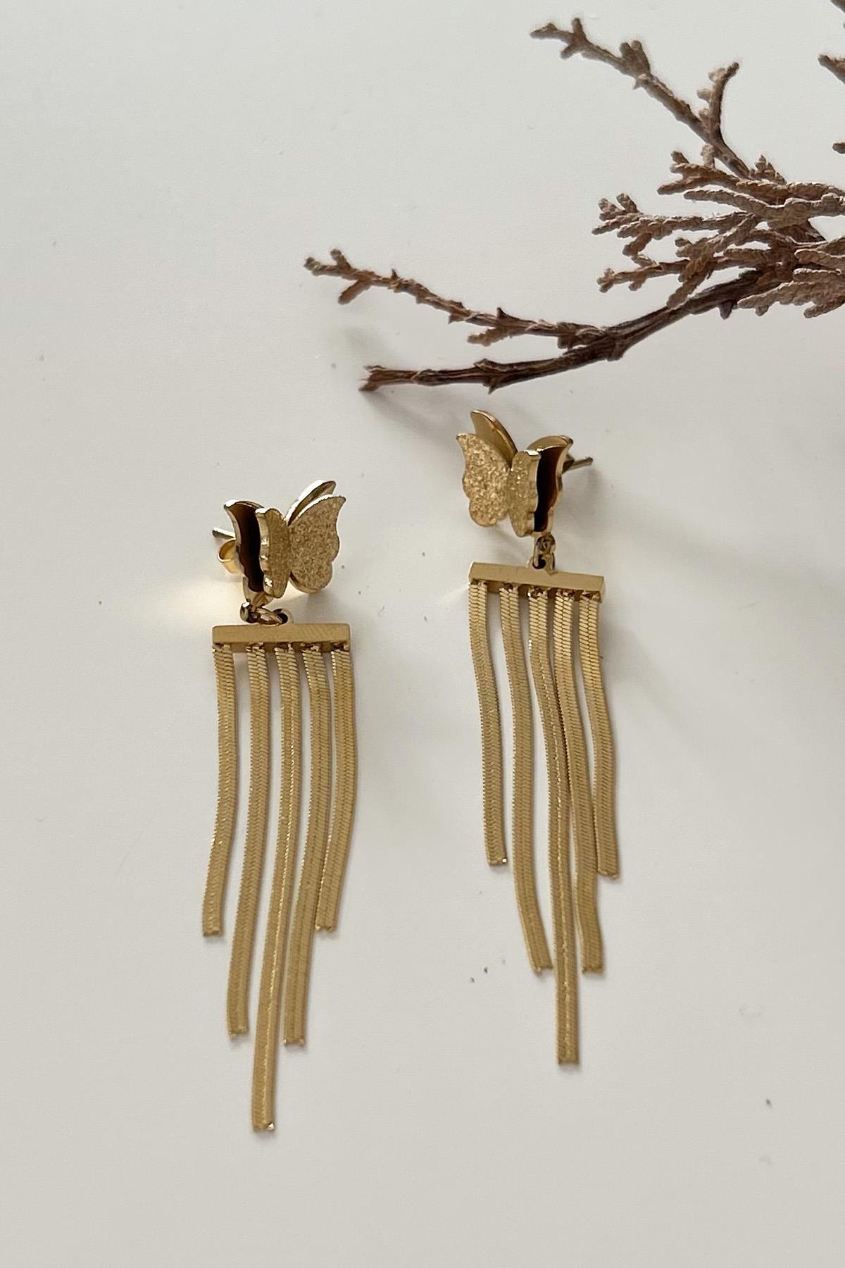 İtalyan Zincir Sallantılı Çelik Kelebek Küpe