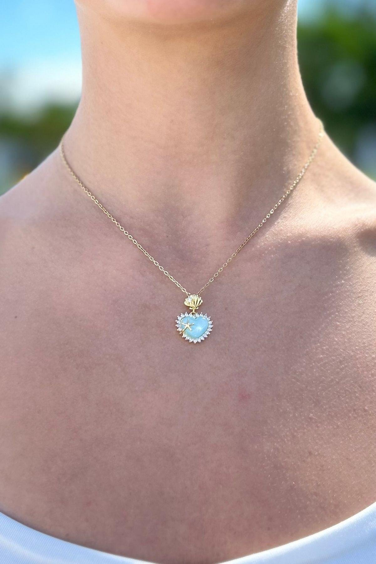 Mavi Kalp Detaylı Çelik Kolye