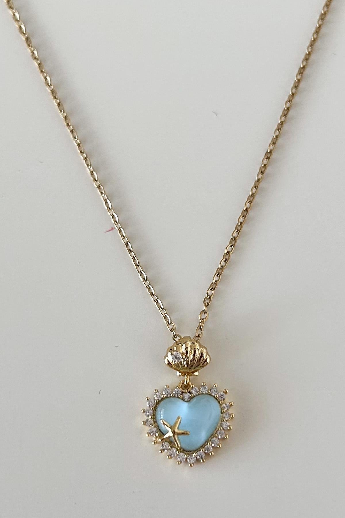 Mavi Kalp Detaylı Çelik Kolye