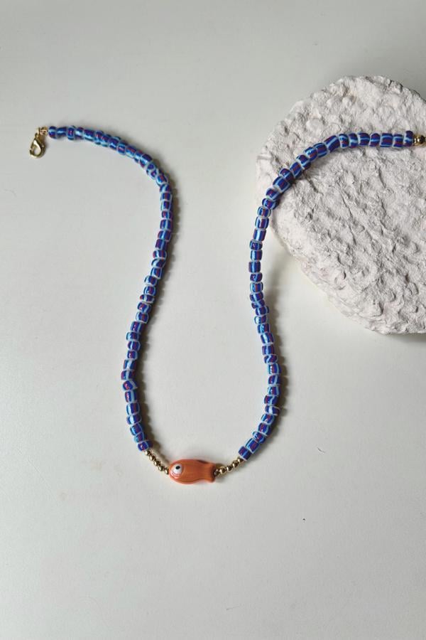 Renkli Cam Boncuk Turuncu Balık Figürlü Kolye