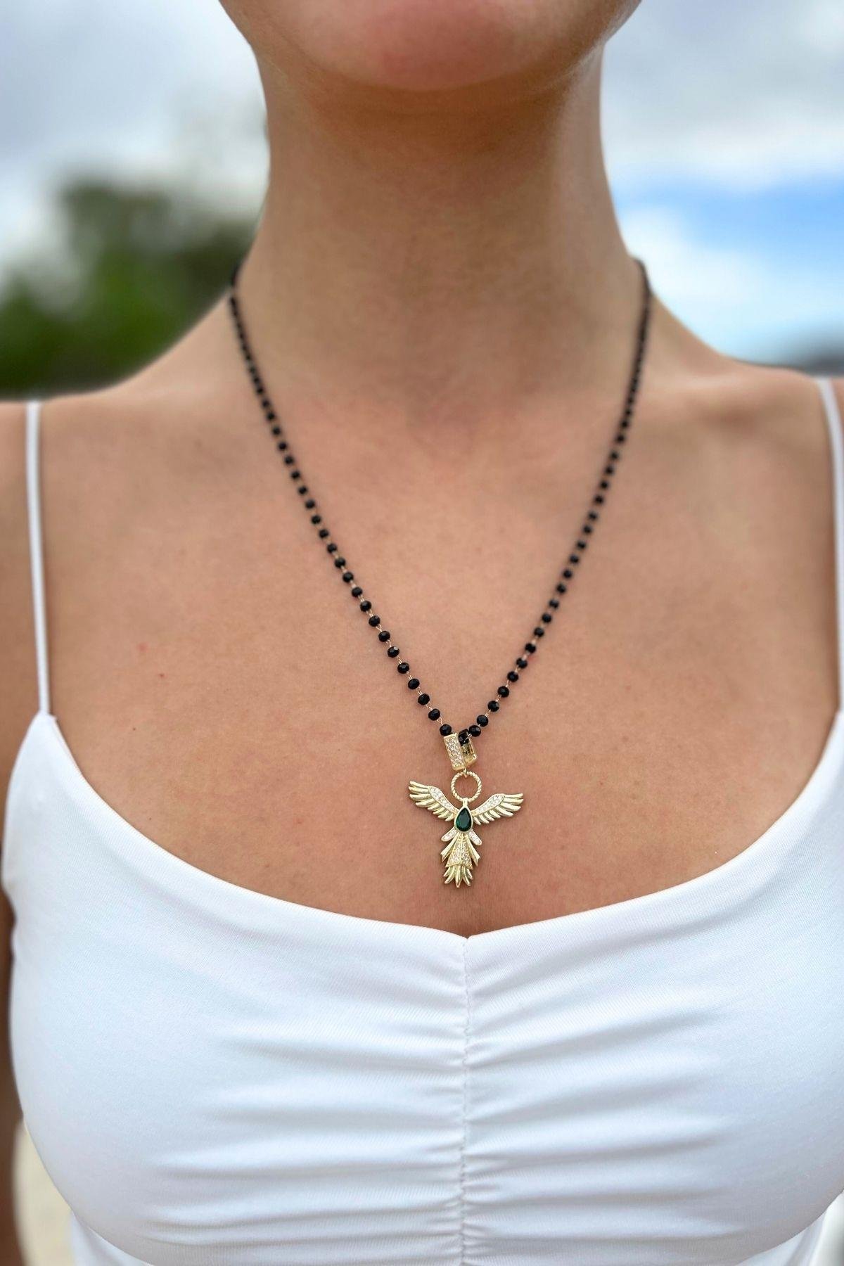 Siyah Boncuklu Anka Kuşu Kolye