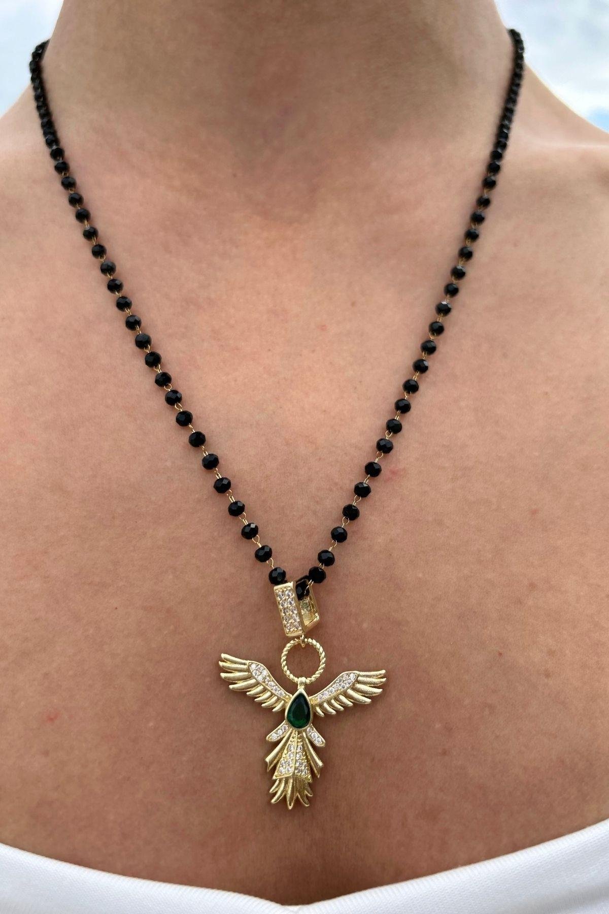 Siyah Boncuklu Anka Kuşu Kolye