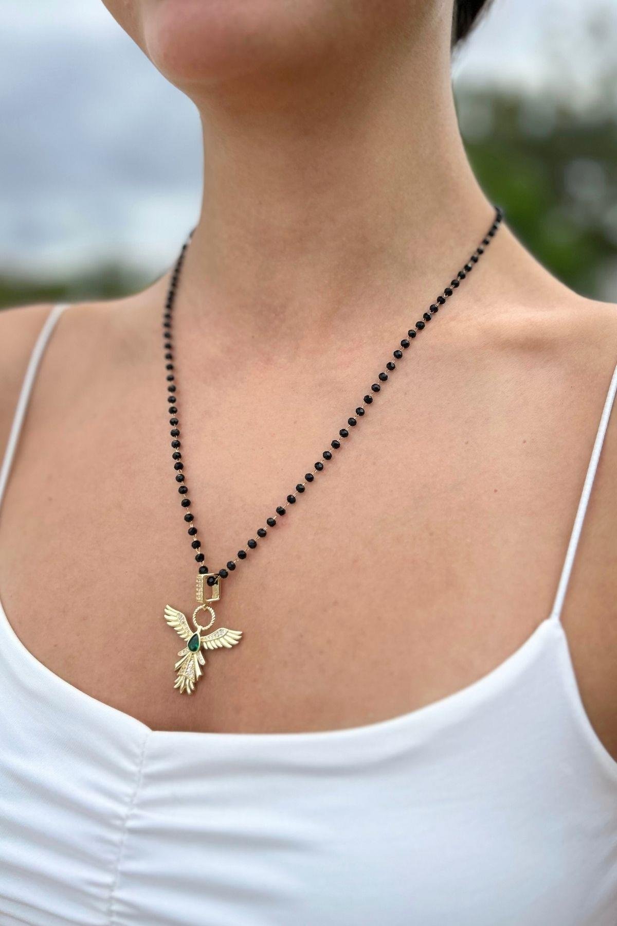 Siyah Boncuklu Anka Kuşu Kolye