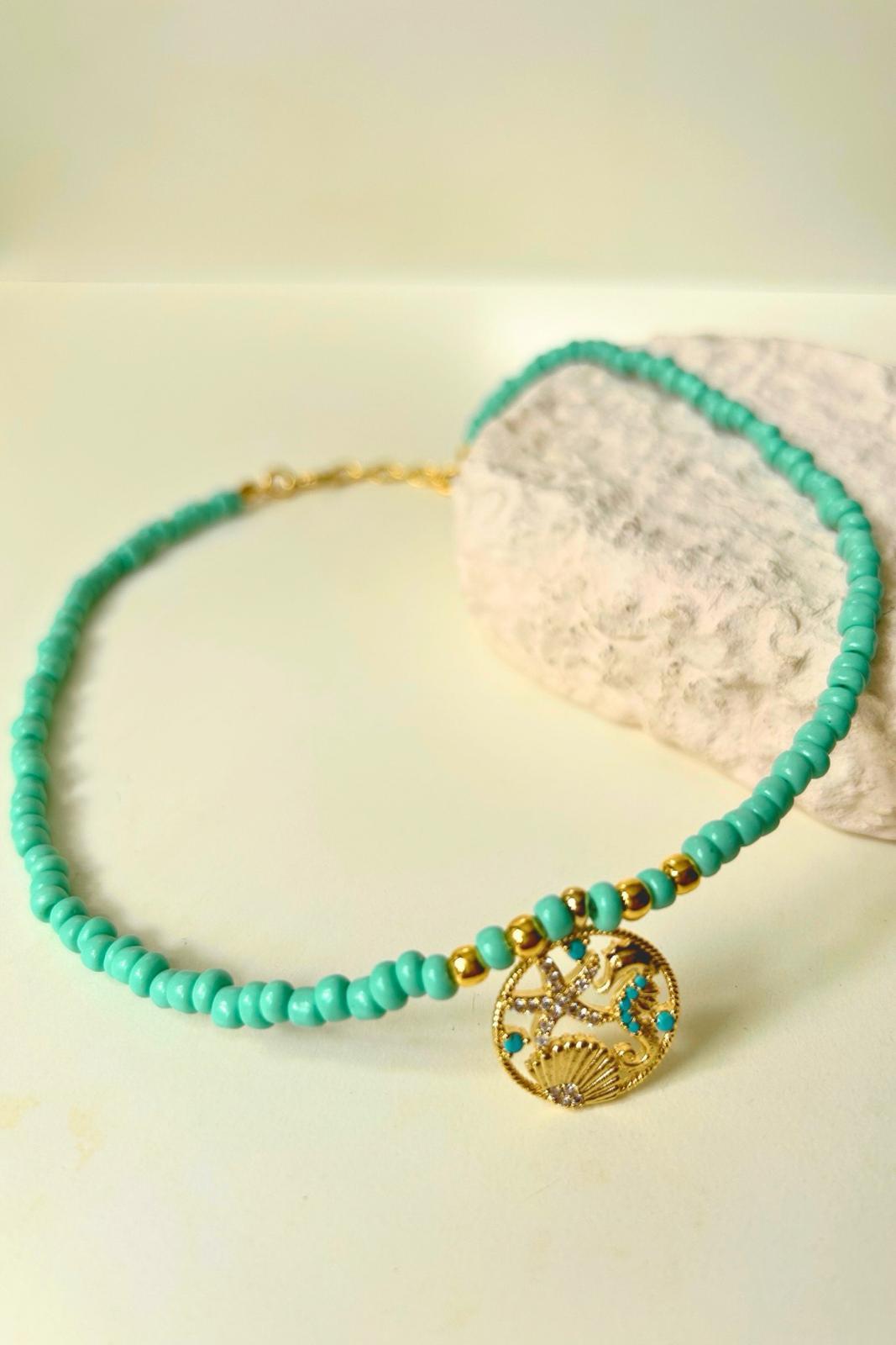 Turkuaz Cam Boncuk Denizatı Detaylı Kolye 