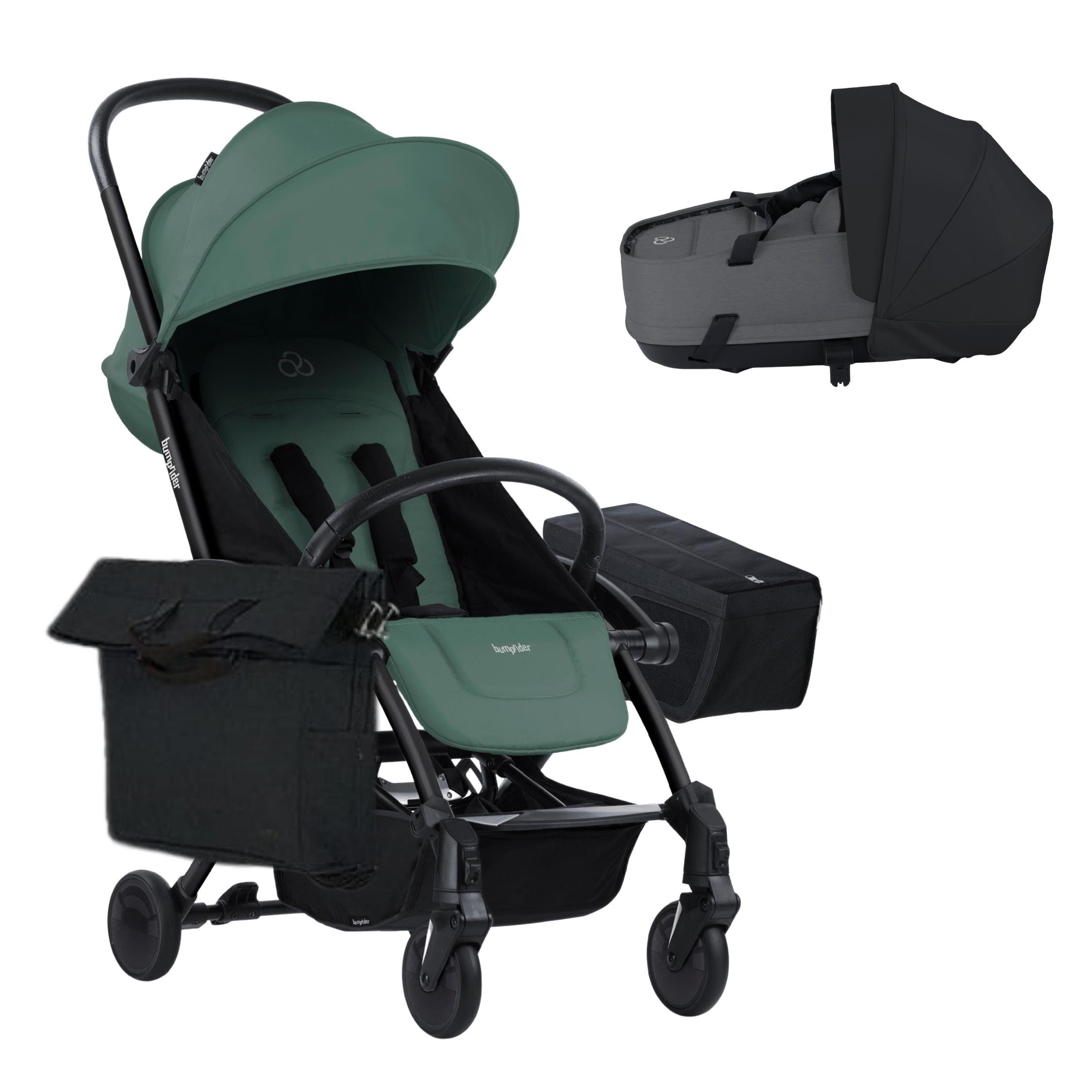Bumprider Connect 3 Black-Olive Bebek Arabası / Yan Düzenleyici / Black-Black Yan Bakım Çantası / Grey Melange Portbebe