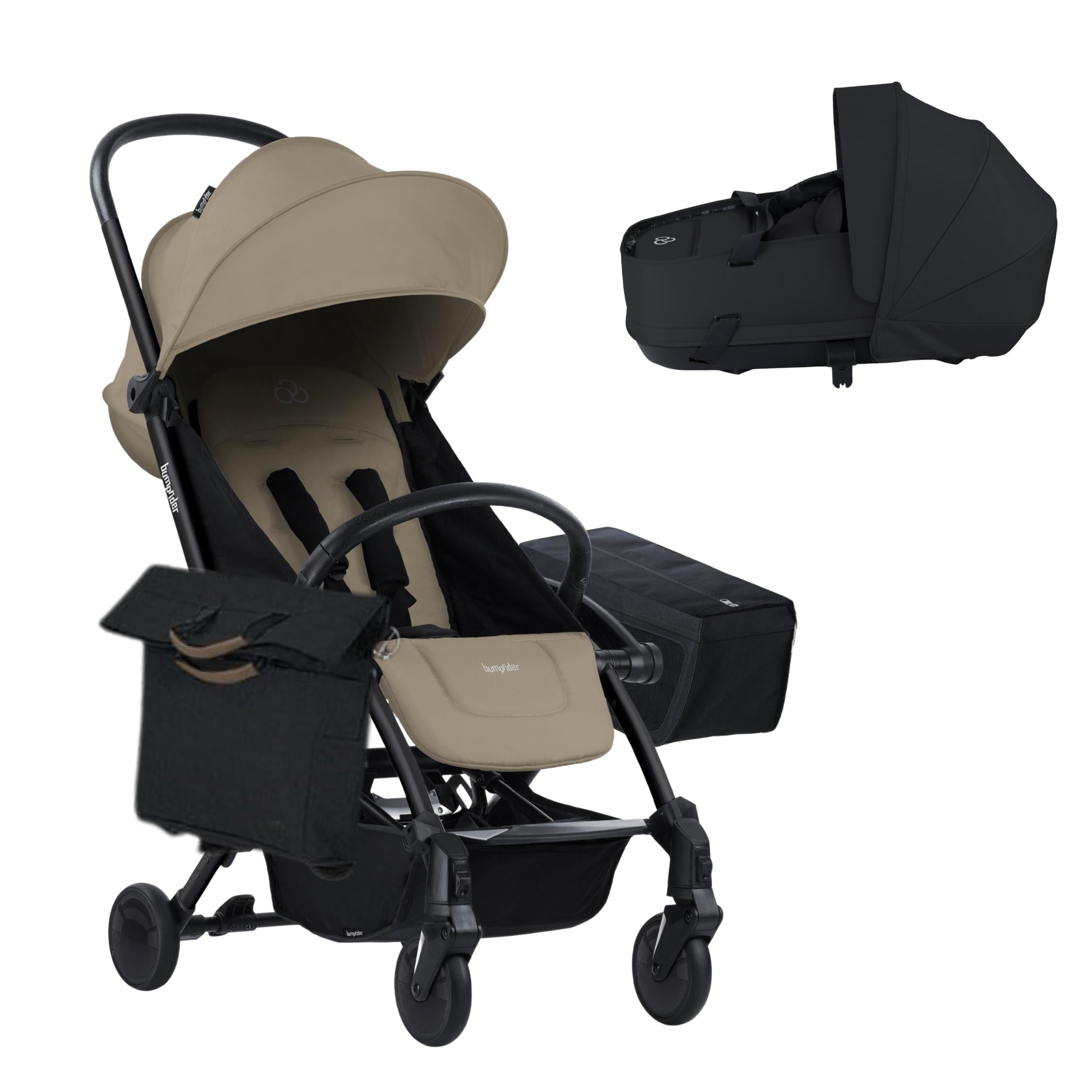 Bumprider Connect 3 Black-Sand Bebek Arabası / Yan Düzenleyici / Black-Brown Yan Bakım Çantası / Black Portbebe
