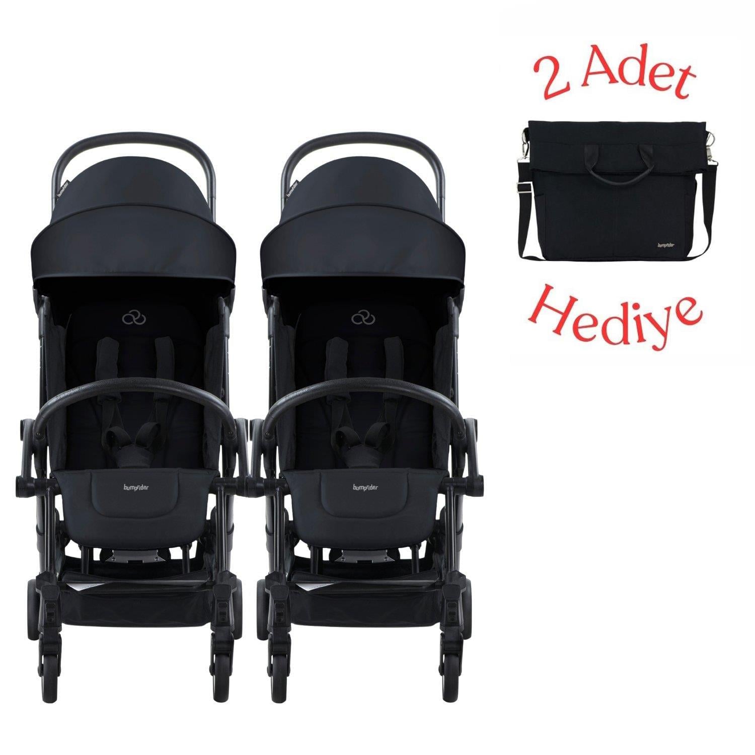 Bumprider Connect³ İkiz Bebek Arabası Black - Black & Yan Bakım Çantası Hediyeli