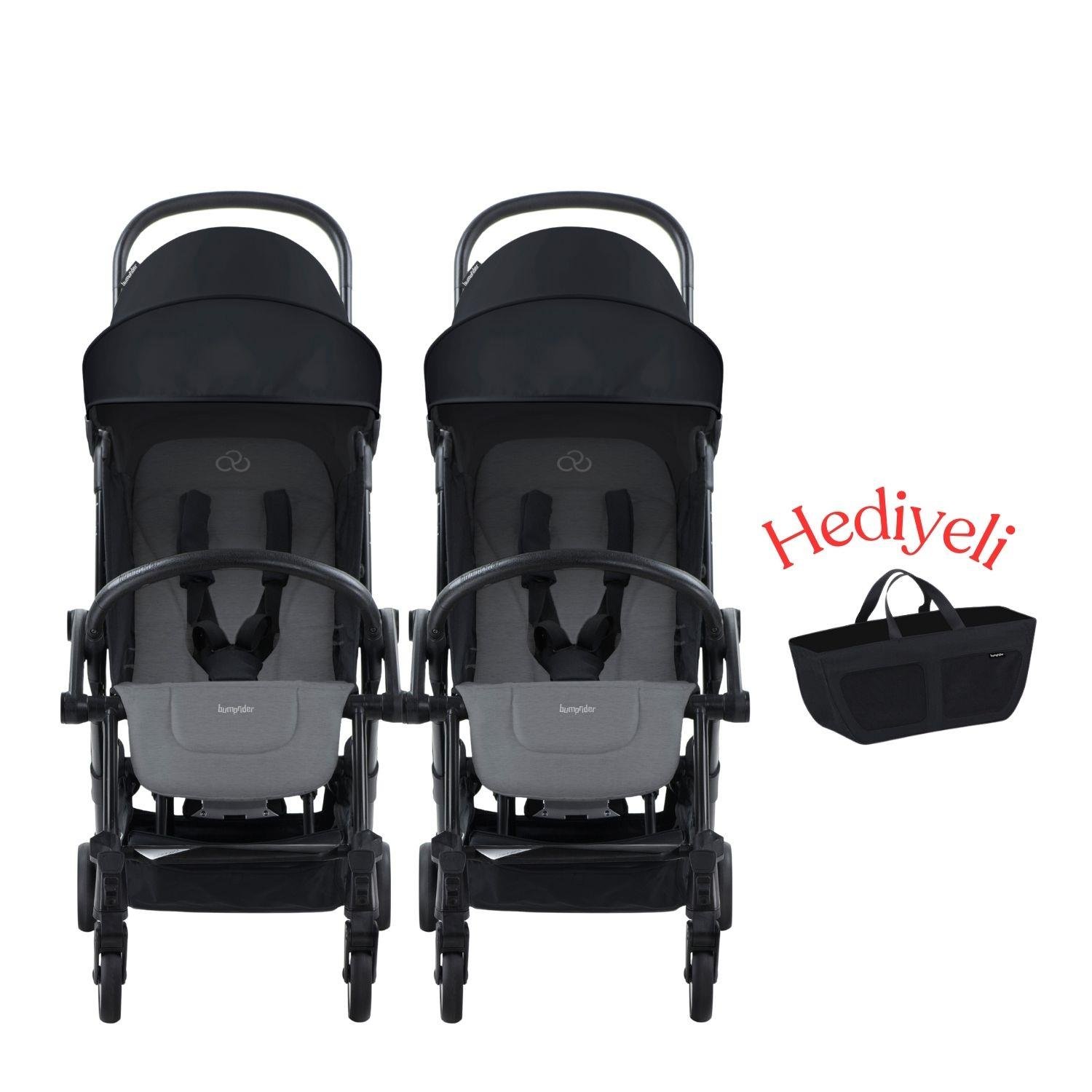 Bumprider Connect³ İkiz Bebek Arabası / Black - Grey Melange & Yan Düzenleyici Çanta Hediyeli