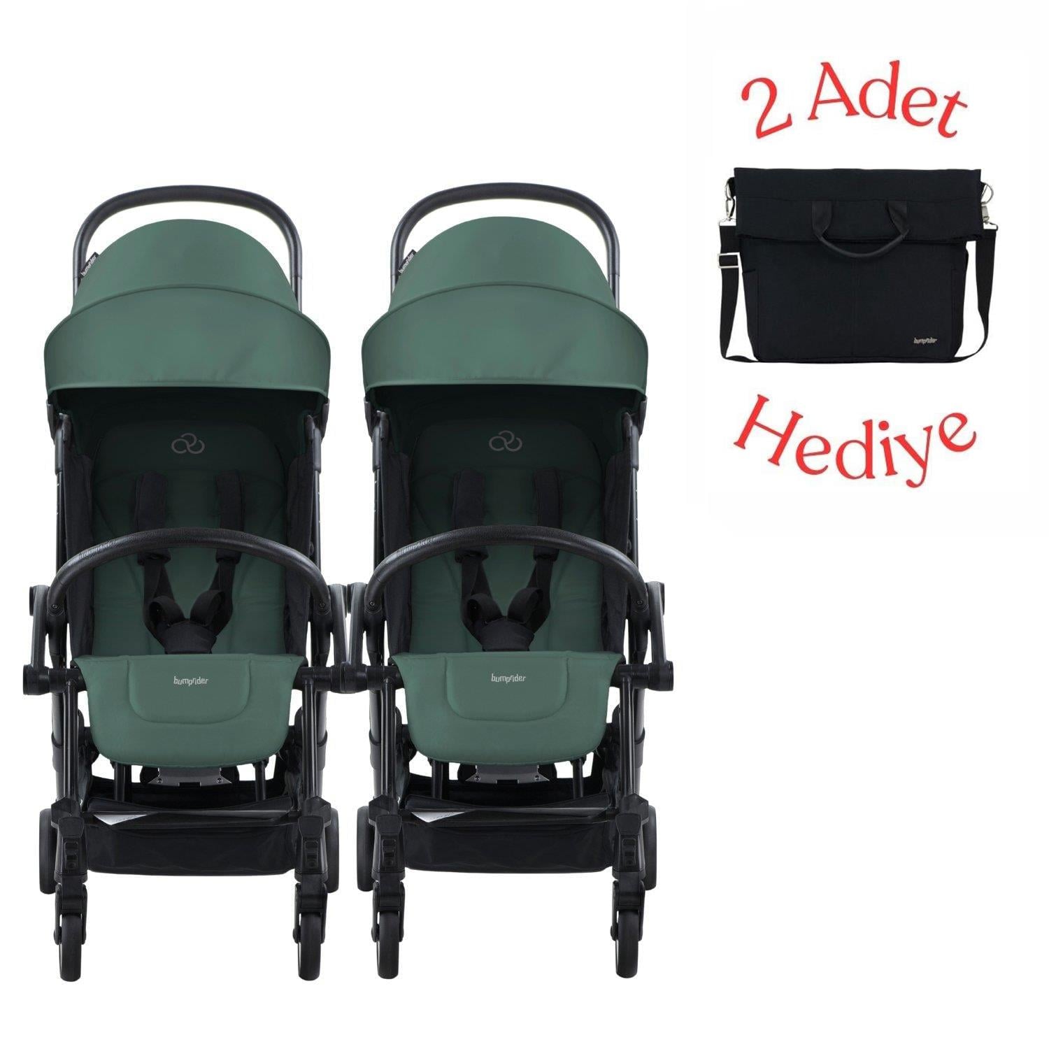 Bumprider Connect³ İkiz Bebek Arabası Black - Olive & Yan Bakım Çantası Hediyeli