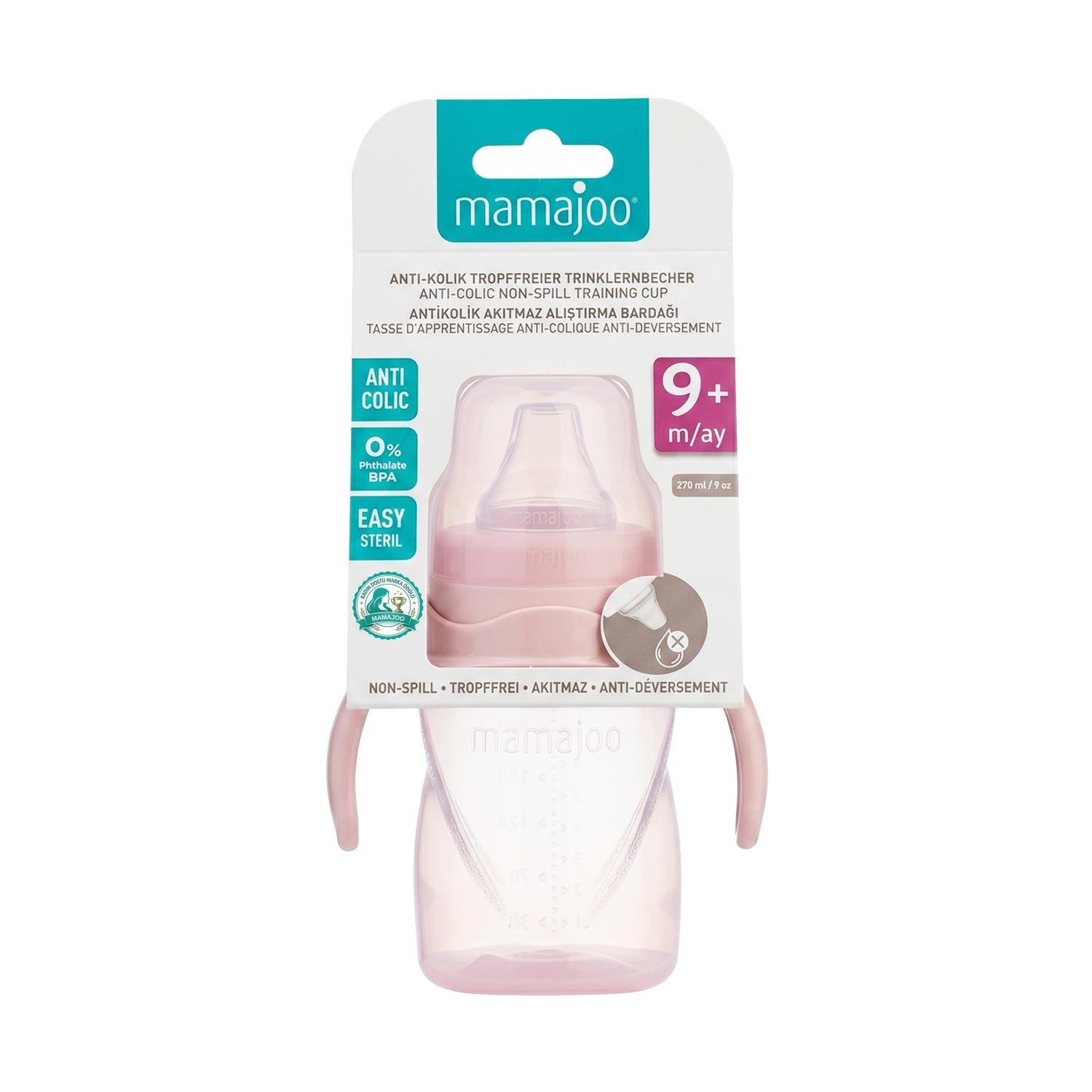 Mamajoo Antikolik Akıtmaz Alıştırma Bardağı 270 ml Powder Pink, 9 Ay+