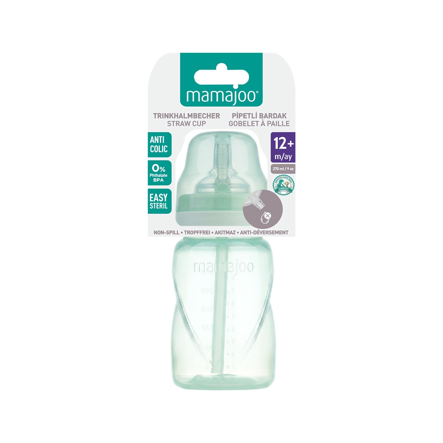 Mamajoo Antikolik Akıtmaz Pipetli Bardak 270 ml Powder Green, 12 Ay+