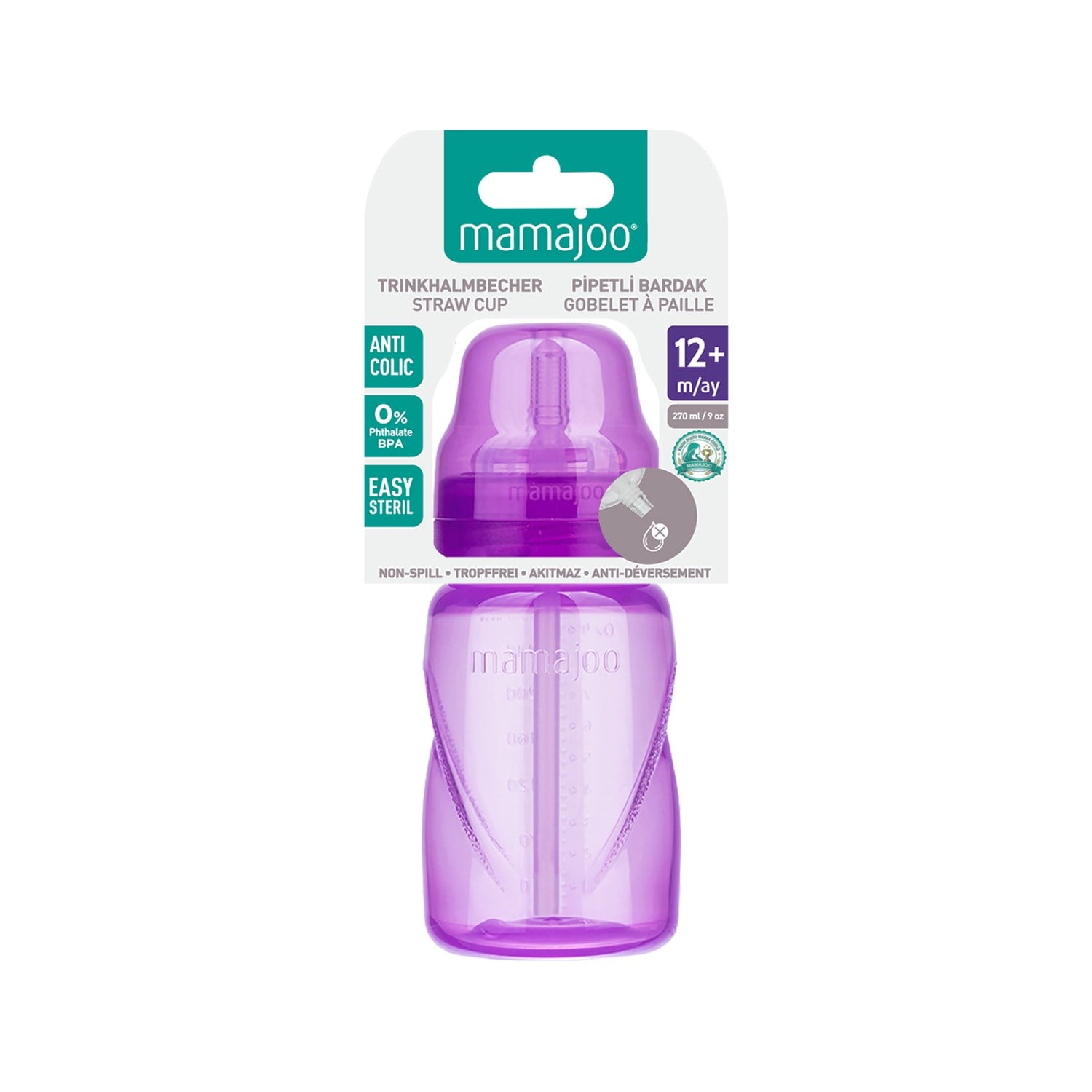 Mamajoo Antikolik Akıtmaz Pipetli Bardak 270 ml Mor, 12 Ay+