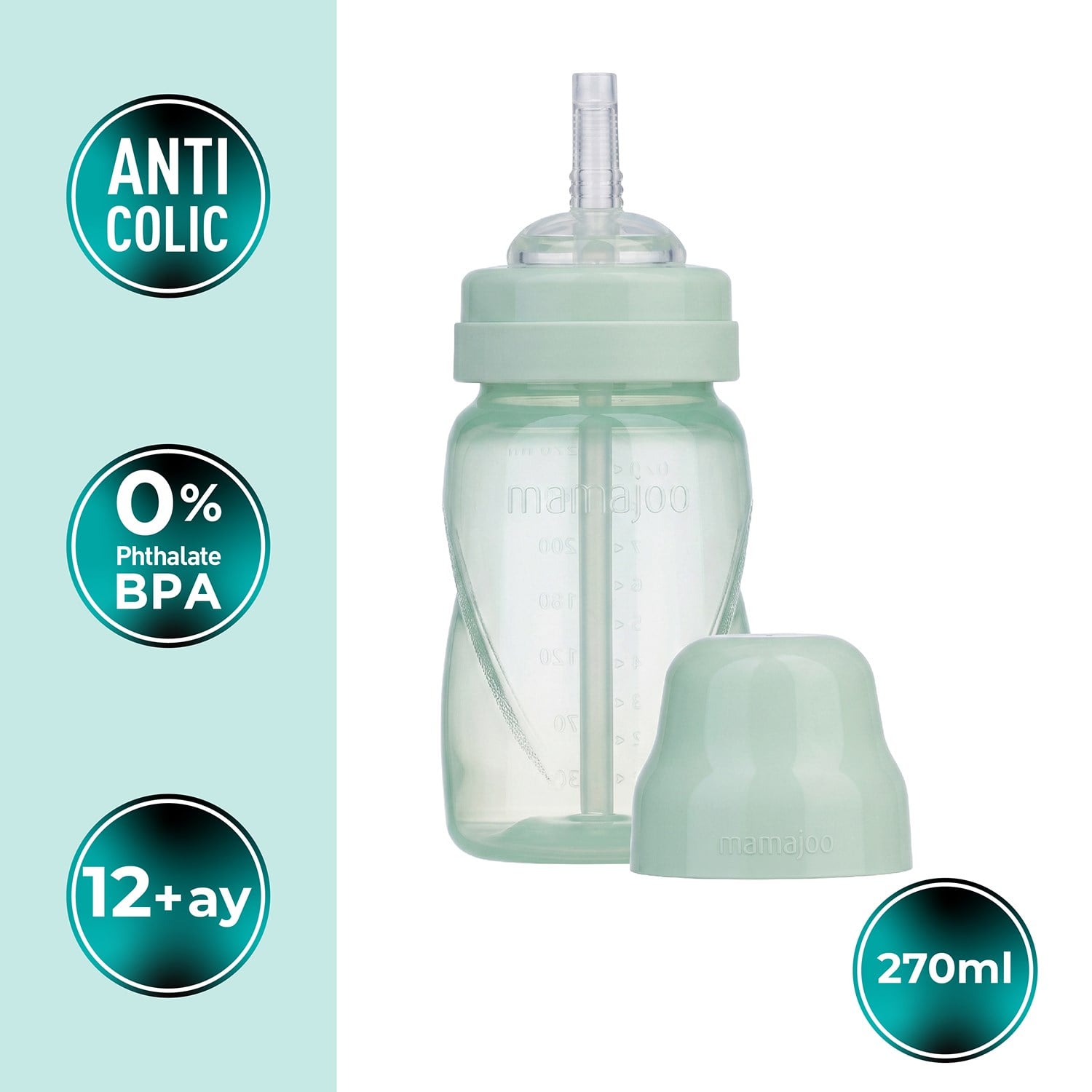 Mamajoo Antikolik Akıtmaz Pipetli Bardak 270 ml Powder Green, 12 Ay+