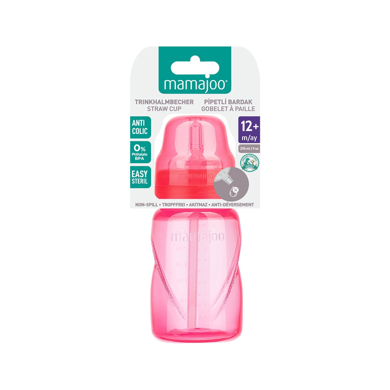 Mamajoo Antikolik Akıtmaz Pipetli Bardak 270 ml Pembe, 12 Ay+