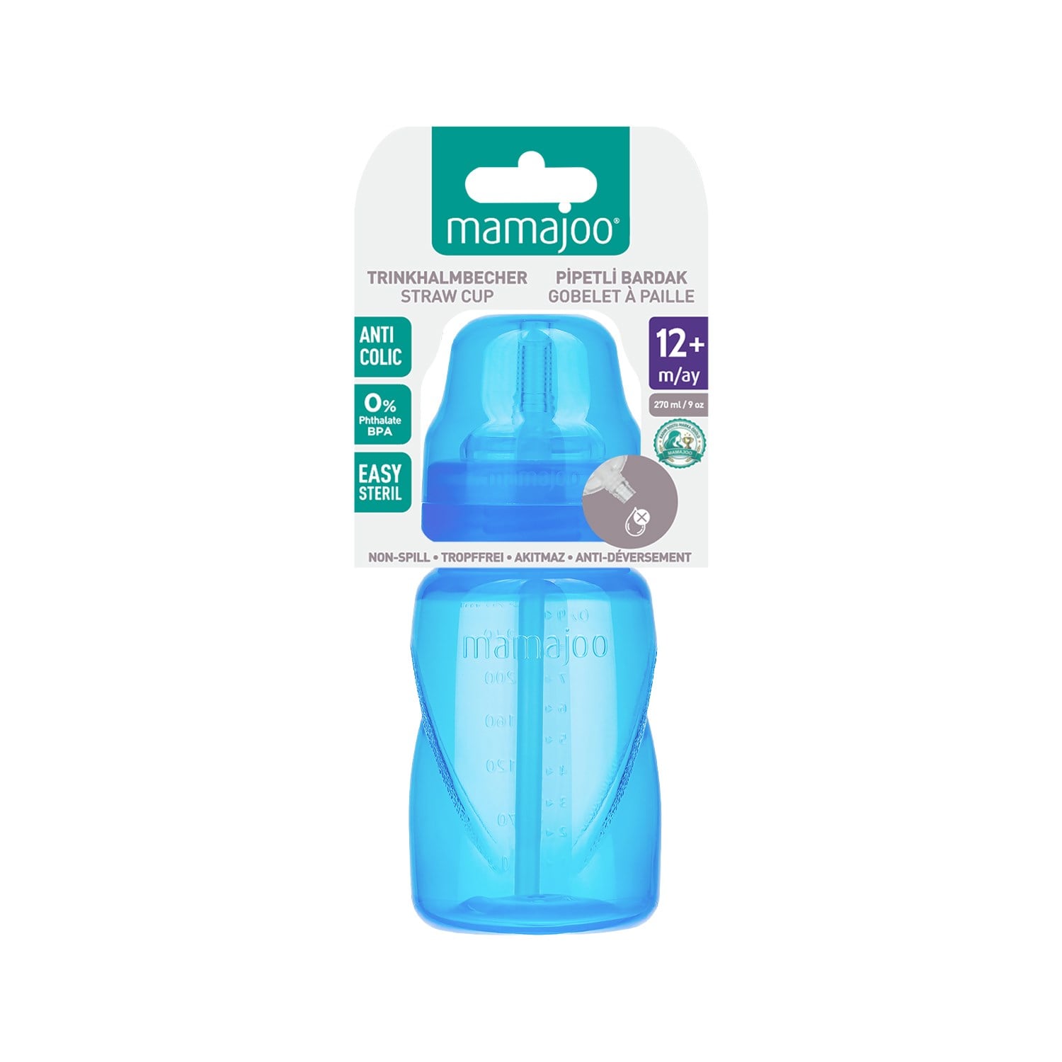 Mamajoo Antikolik Akıtmaz Pipetli Bardak 270 ml Mavi, 12 Ay+