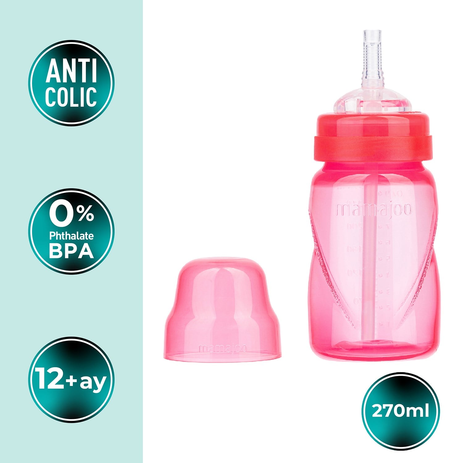 Mamajoo Antikolik Akıtmaz Pipetli Bardak 270 ml Pembe, 12 Ay+