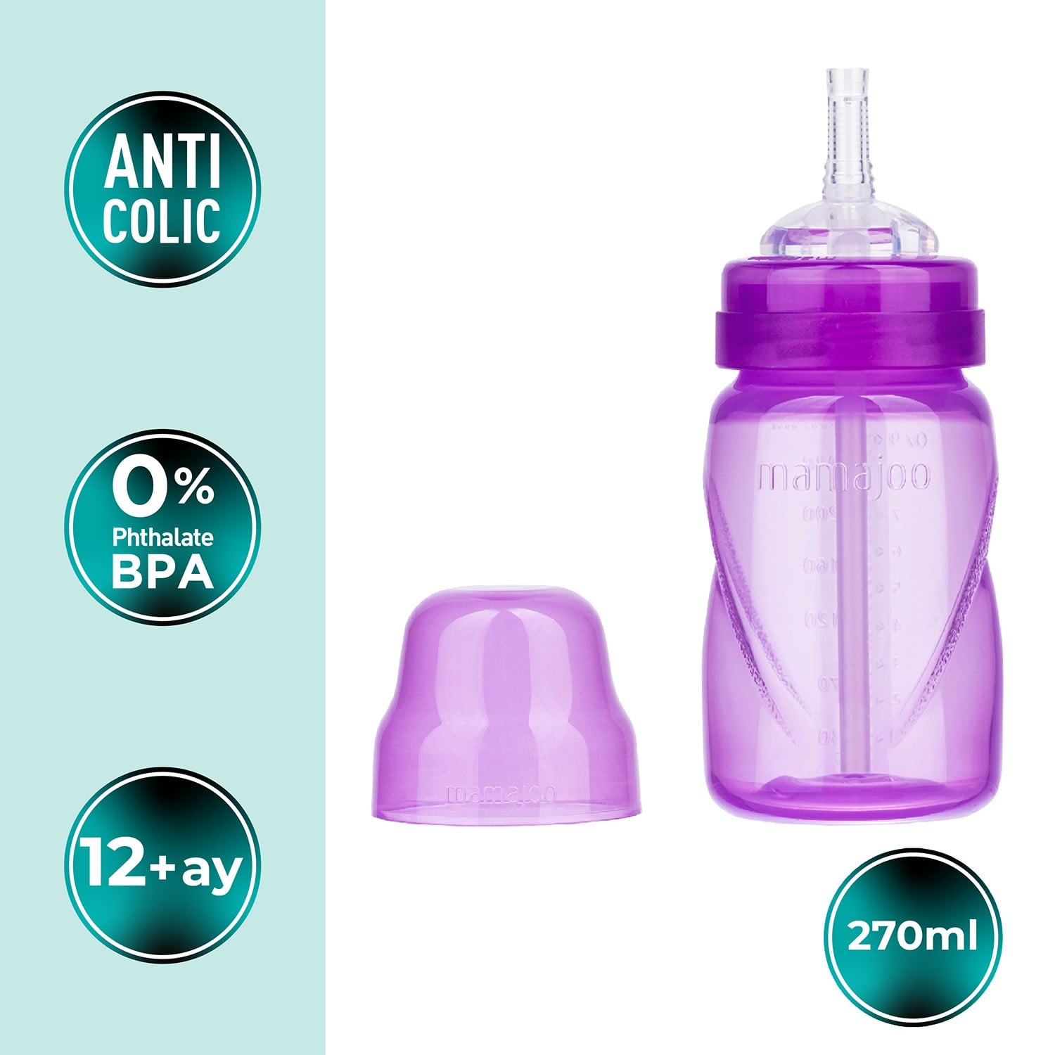 Mamajoo Antikolik Akıtmaz Pipetli Bardak 270 ml Mor, 12 Ay+