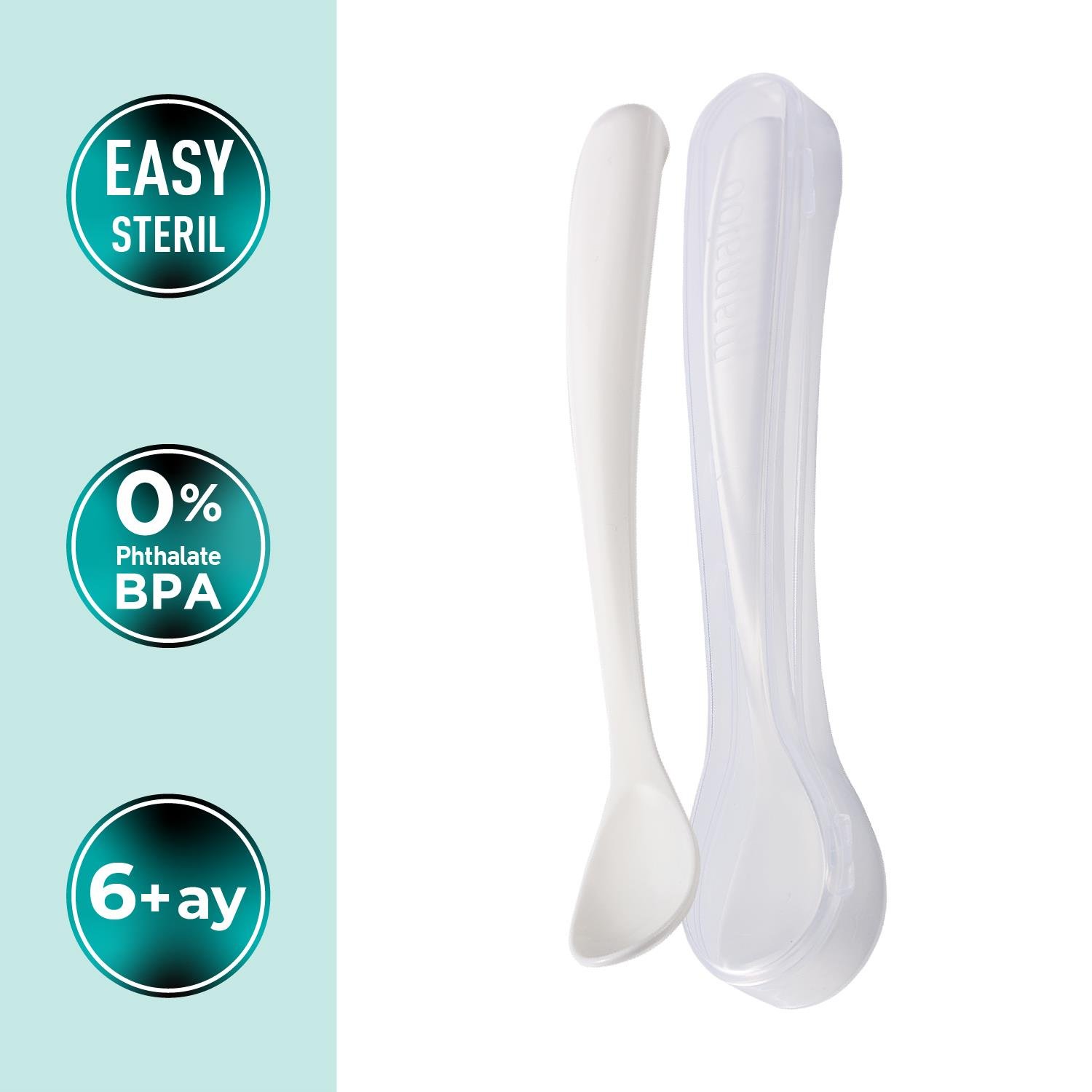 Mamajoo Beslenme Kaşığı, Beyaz, İkili | Ergonomik Tasarım, Hijyenik Saklama Kutulu