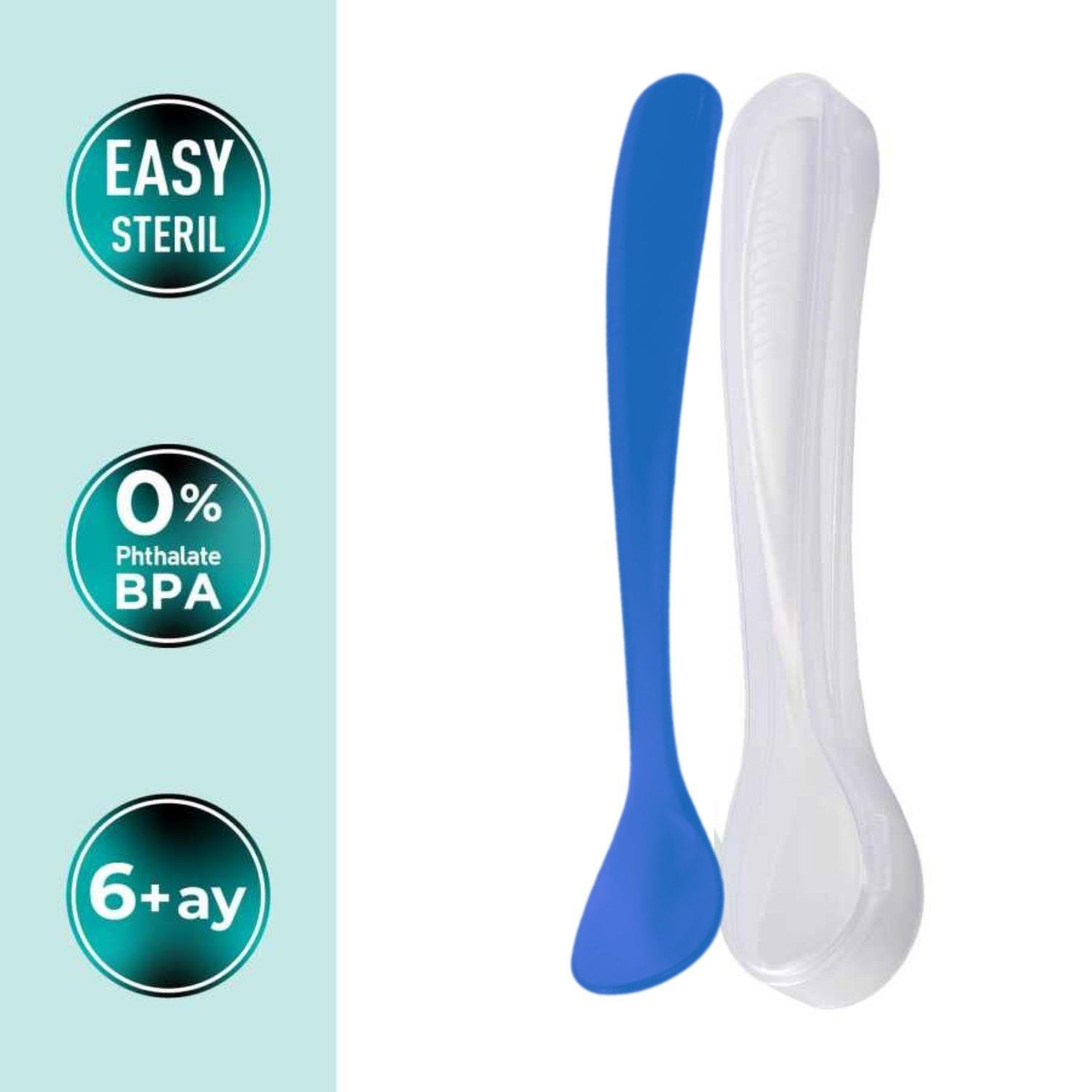 Mamajoo Beslenme Kaşığı, Mavi, İkili | Ergonomik Tasarım, Hijyenik Saklama Kutulu