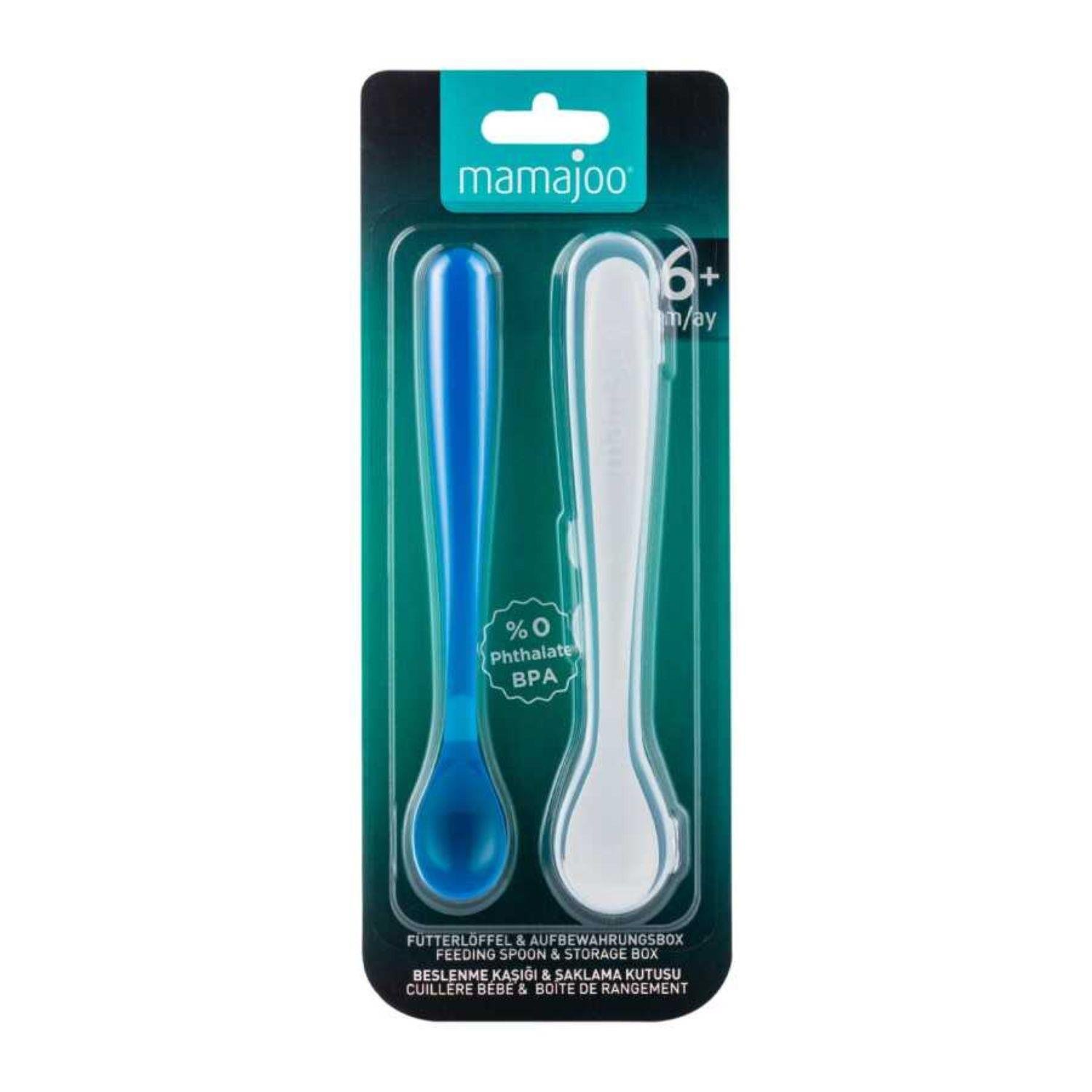 Mamajoo Beslenme Kaşığı, Mavi, İkili | Ergonomik Tasarım, Hijyenik Saklama Kutulu