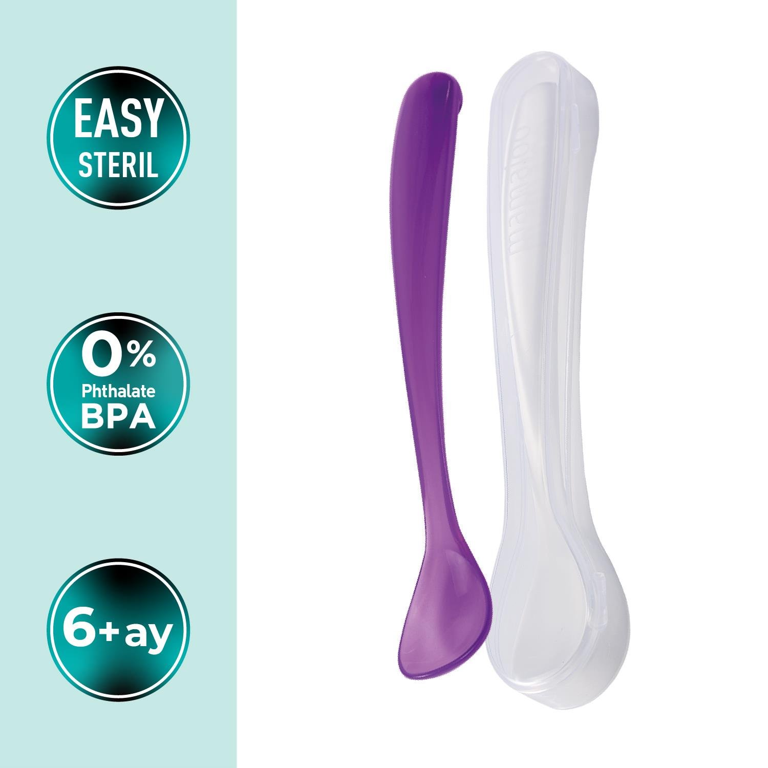 Mamajoo Beslenme Kaşığı, Mor, İkili | Ergonomik Tasarım, Hijyenik Saklama Kutulu