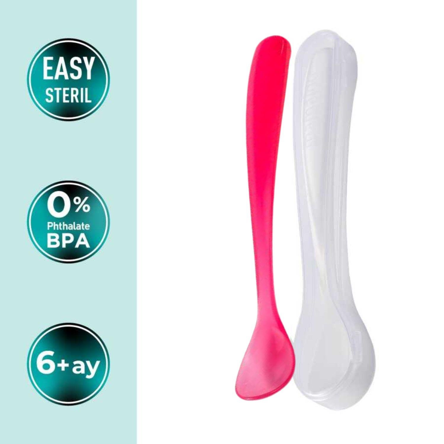 Mamajoo Beslenme Kaşığı, Pembe, İkili | Ergonomik Tasarım, Hijyenik Saklama Kutulu