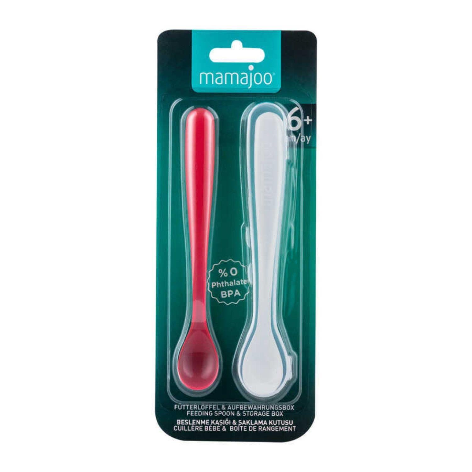 Mamajoo Beslenme Kaşığı, Pembe, İkili | Ergonomik Tasarım, Hijyenik Saklama Kutulu