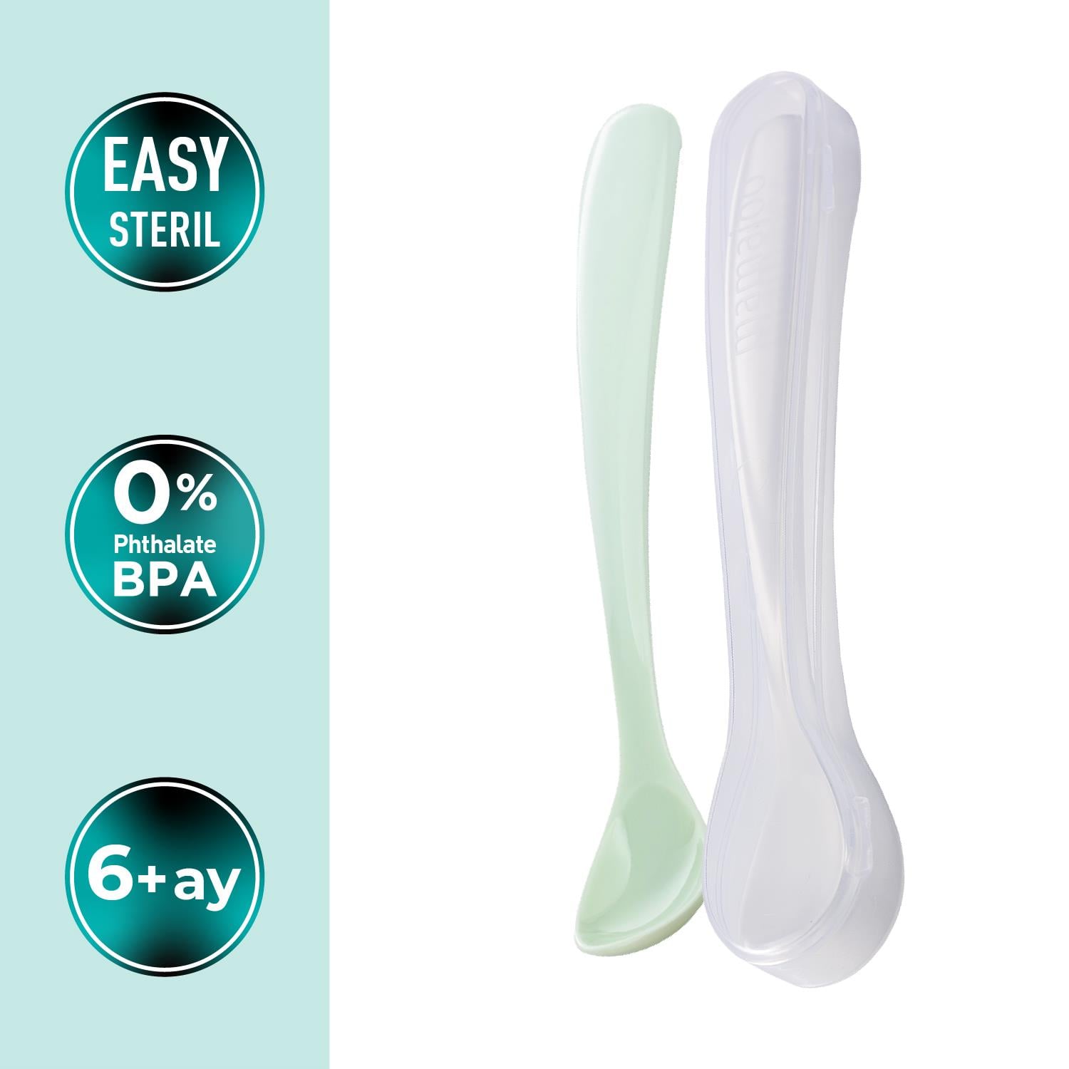 Mamajoo Beslenme Kaşığı, Powder Green, İkili | Ergonomik Tasarım, Hijyenik Saklama Kutulu