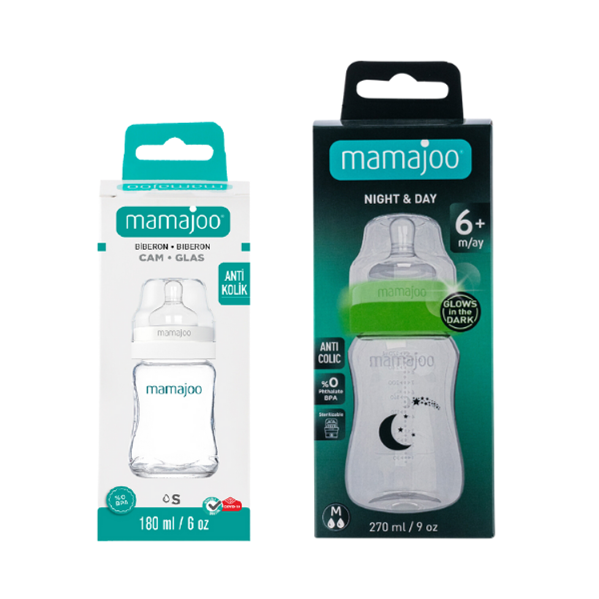 Mamajoo Cam Biberon 180 ml & Gece & Gündüz Biberonu 270 ml