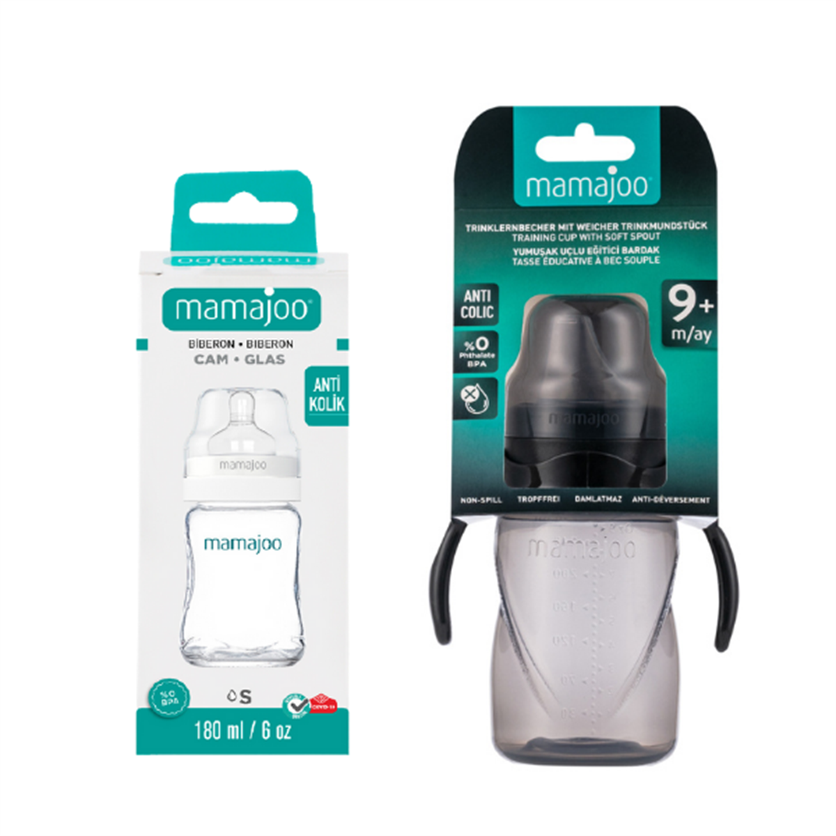 Mamajoo Cam Biberon 180 ml & Kulplu Eğitici Bardak 270 ml / Black