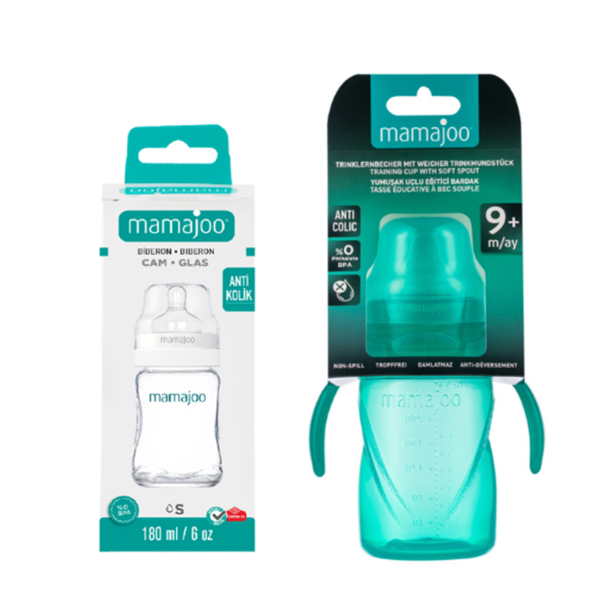 Mamajoo Cam Biberon 180 ml & Kulplu Eğitici Bardak 270 ml / Yeşil