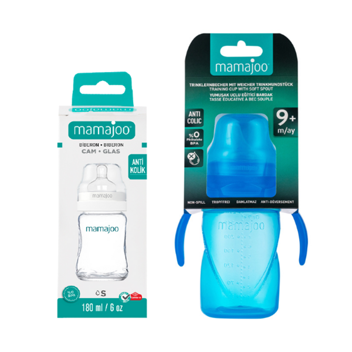 Mamajoo Cam Biberon 180 ml & Kulplu Eğitici Bardak 270 ml / Mavi