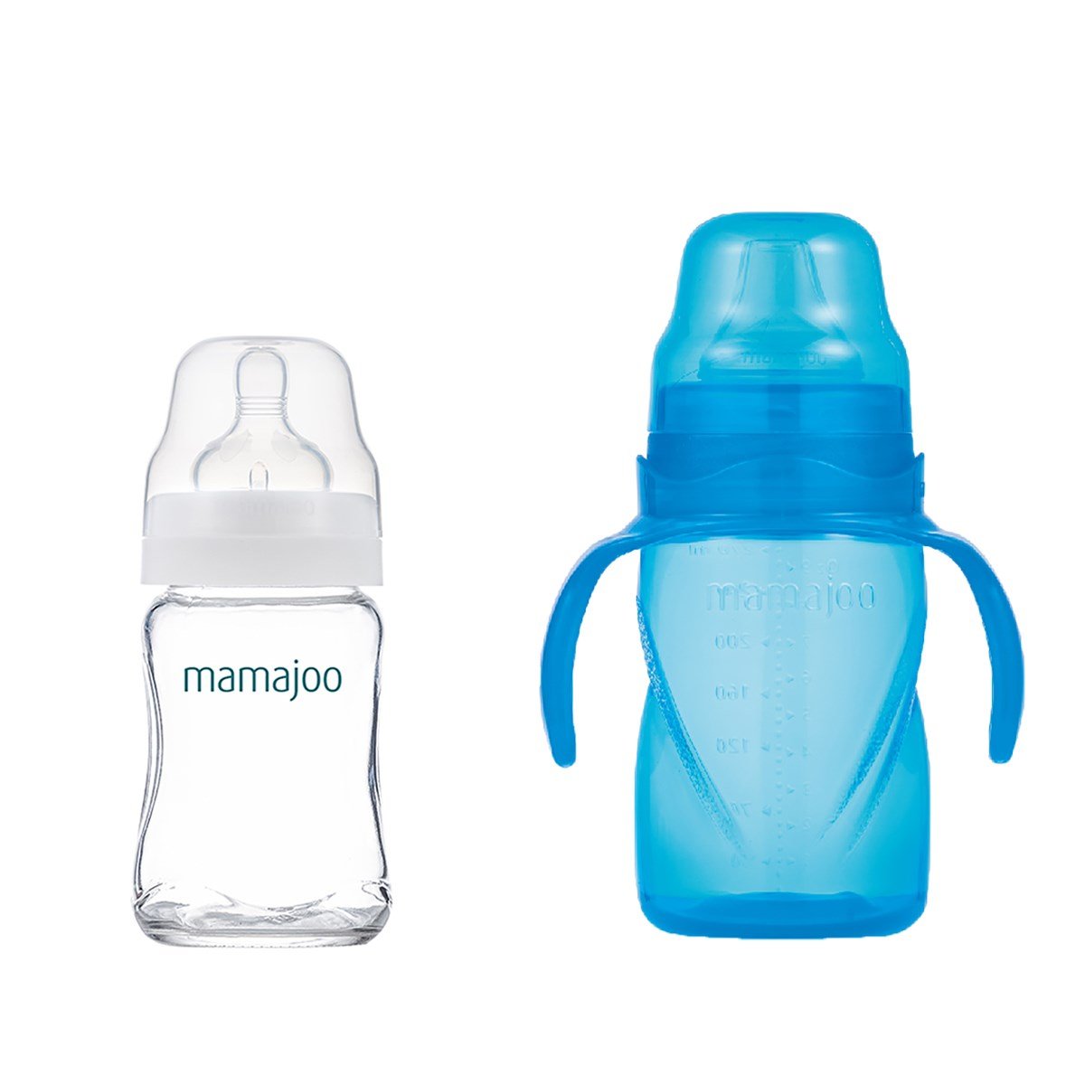 Mamajoo Cam Biberon 180 ml & Kulplu Eğitici Bardak 270 ml / Mavi