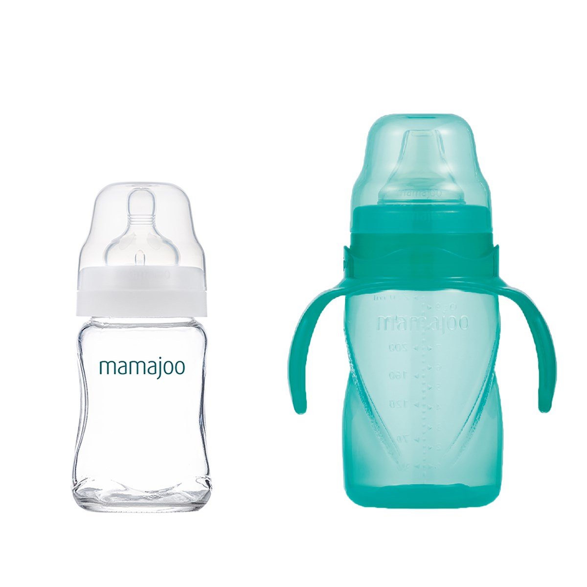 Mamajoo Cam Biberon 180 ml & Kulplu Eğitici Bardak 270 ml / Yeşil