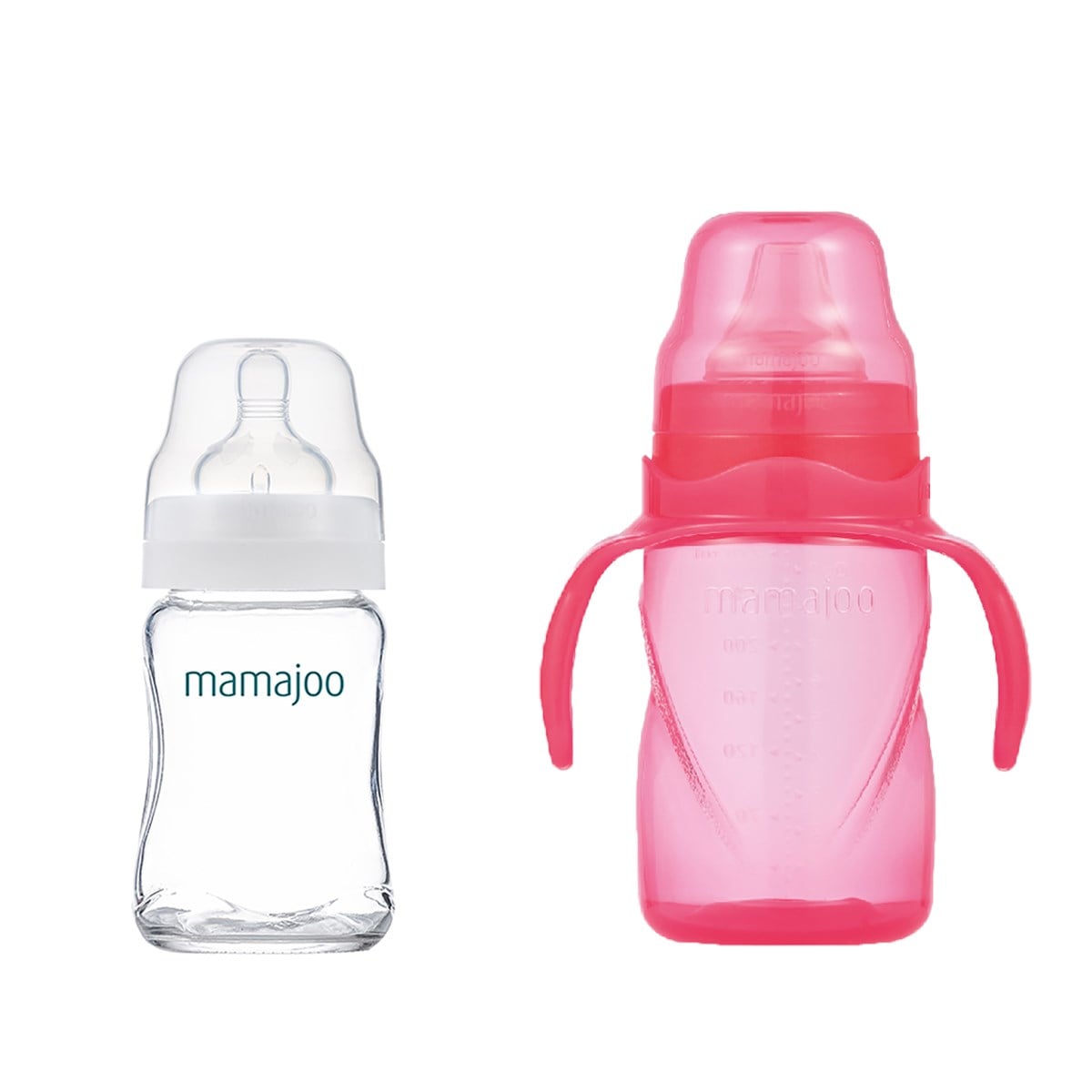 Mamajoo Cam Biberon 180 ml & Kulplu Eğitici Bardak 270 ml / Pembe