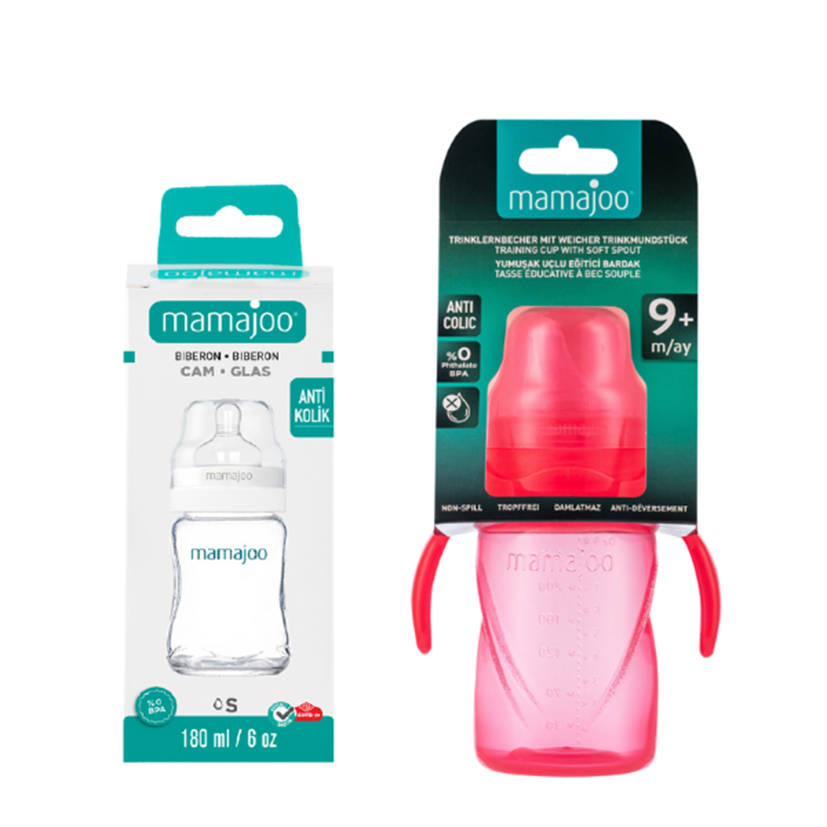 Mamajoo Cam Biberon 180 ml & Kulplu Eğitici Bardak 270 ml / Pembe
