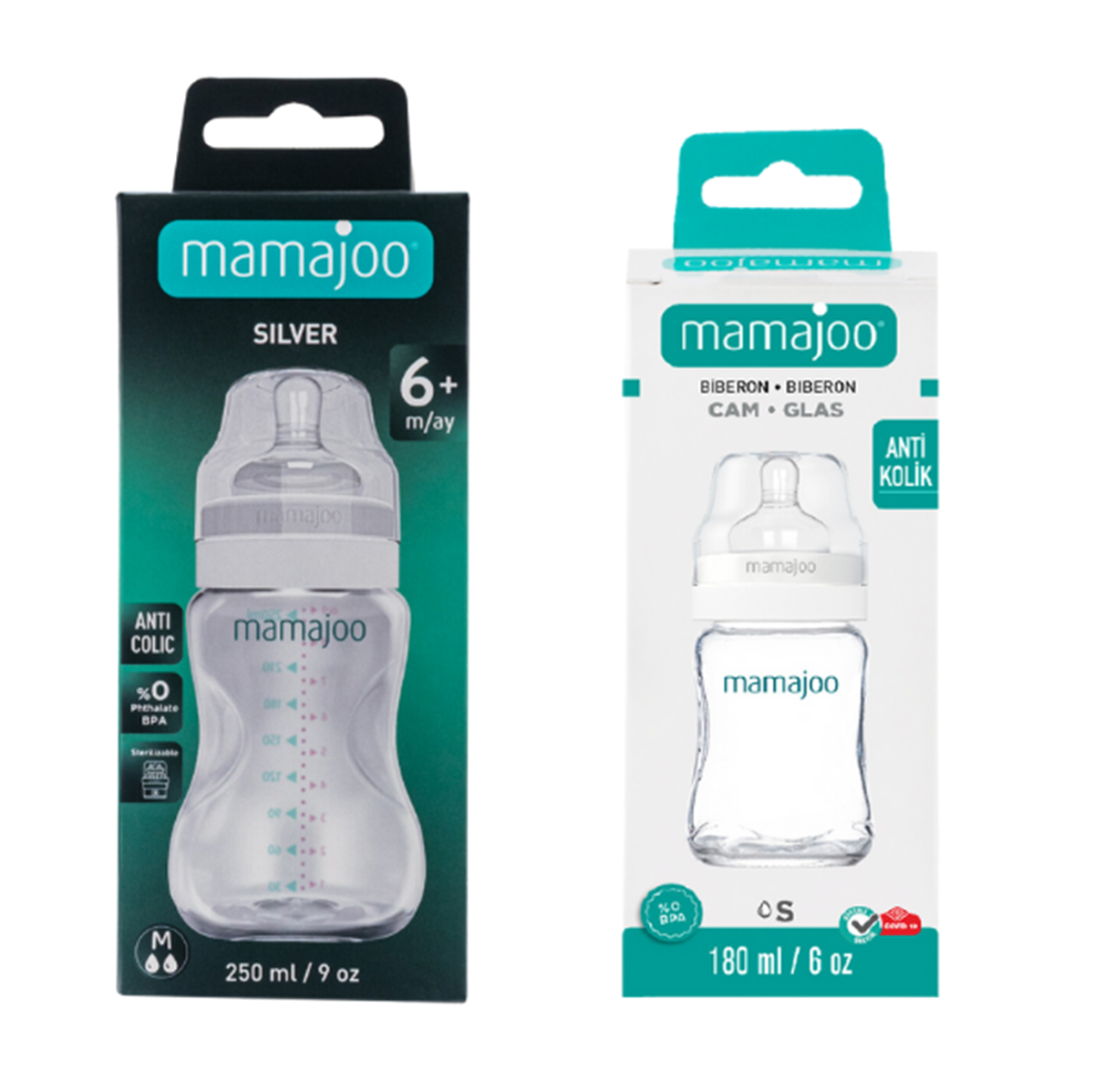 Mamajoo Cam Biberon 180ml + Silver Biberon 250ml