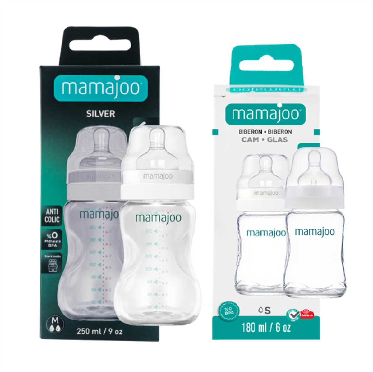 Mamajoo Cam Biberon 180ml + Silver Biberon 250ml