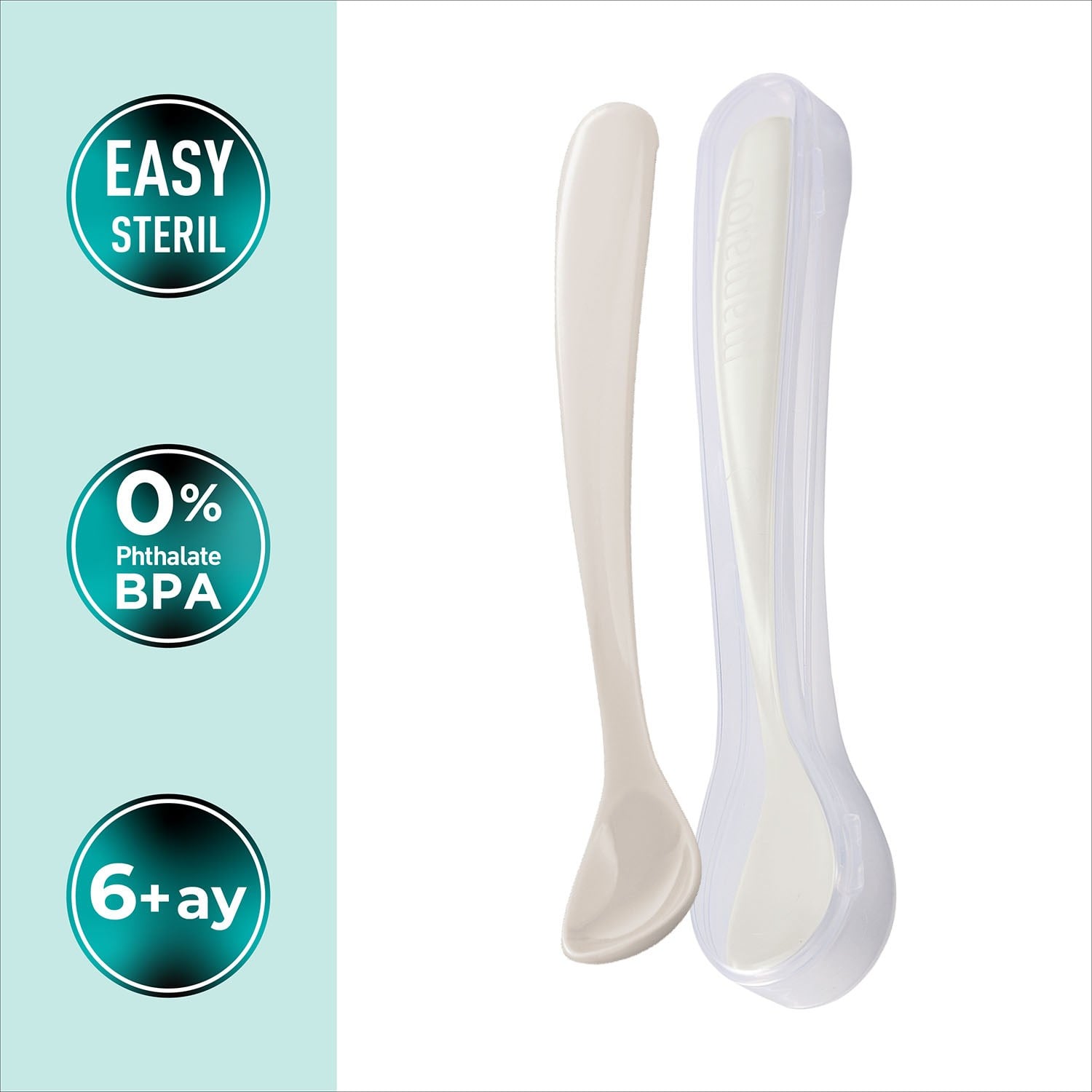 Mamajoo Ergonomik Beslenme Kaşık Seti Light Beige & Light Gray 6 Ay+ İkili - Saklama Kabı Hediyeli