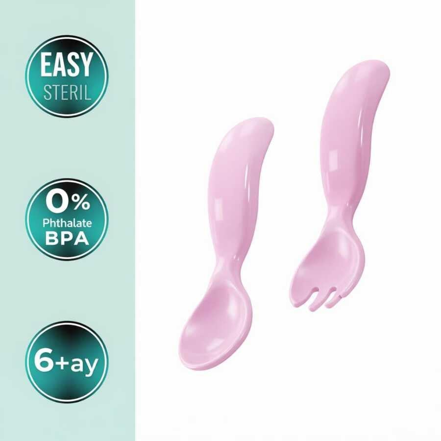 Mamajoo Ergonomik Beslenme Kaşık & Çatal Seti Pembe, 6 Ay+ İkili