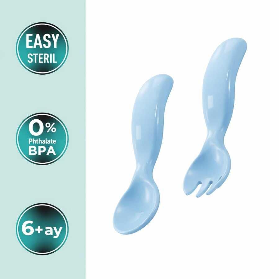 Mamajoo Ergonomik Beslenme Kaşık & Çatal Seti Mavi, 6 Ay+ İkili
